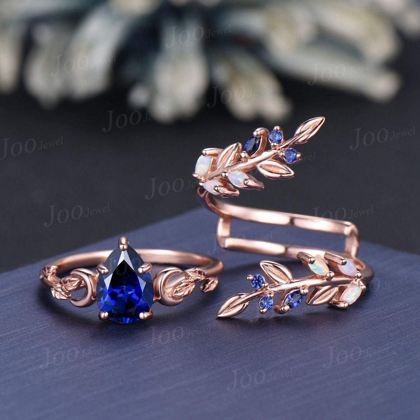 Pear Cut Blue Sapphire Moon Leaf Engagement Ring Set,14K Rose Gold Opal Sapphire Wrap Bypass Enhancer Vine Band, Branch Bridal Set for Women