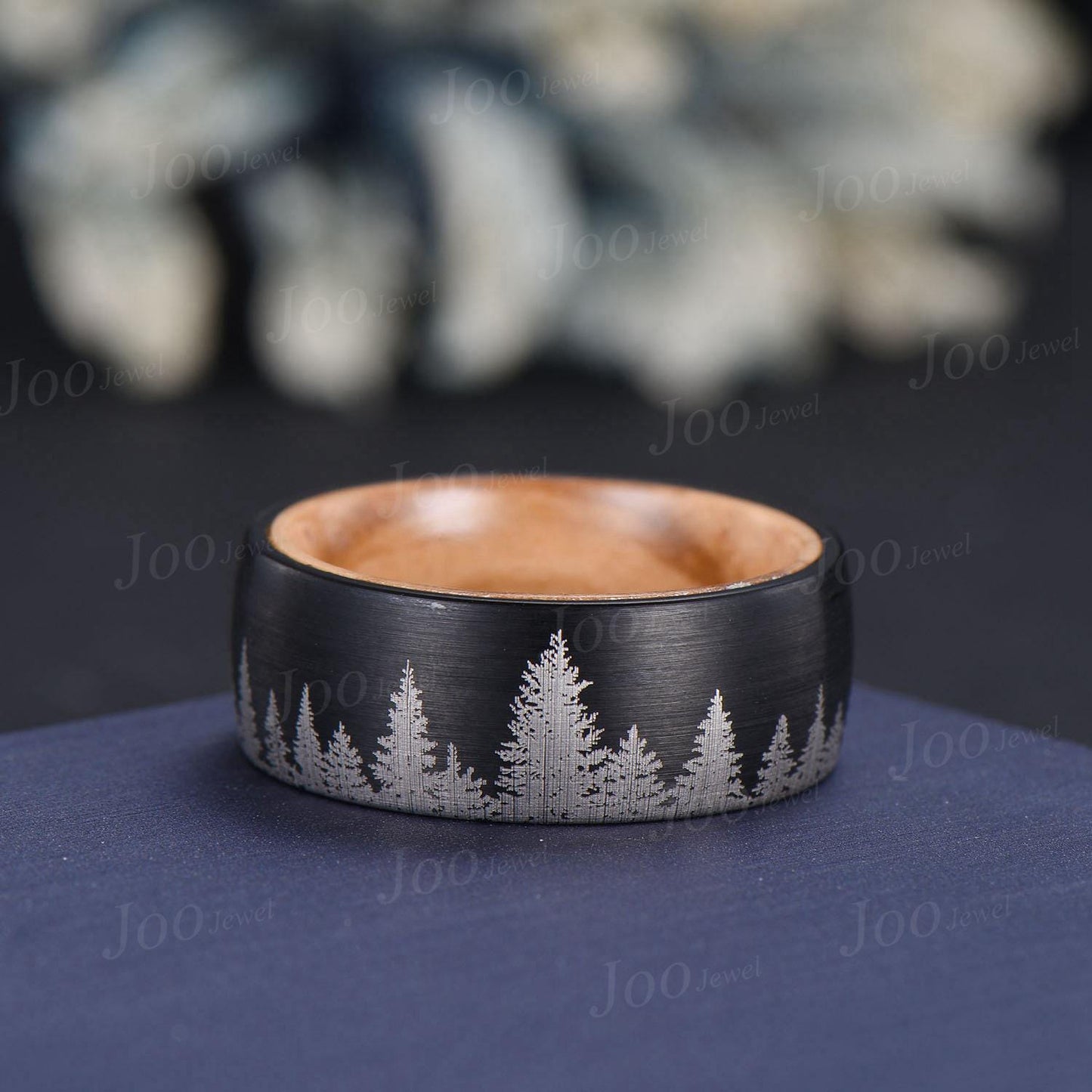 8mm Tungsten Carbide Men's Black Forest Tree Band, Whiskey Barrel Wood Tungsten Ring, Men Wedding Anniversary Band, Black Engagement Rings