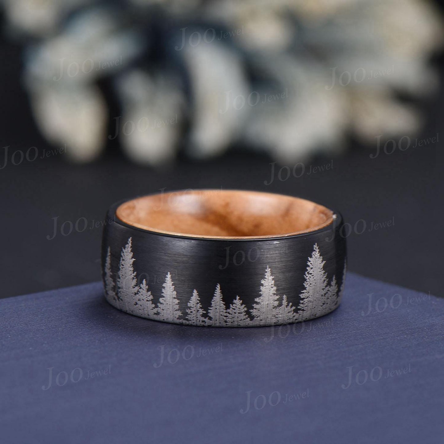 8mm Tungsten Carbide Men's Black Forest Tree Band, Whiskey Barrel Wood Tungsten Ring, Men Wedding Anniversary Band, Black Engagement Rings
