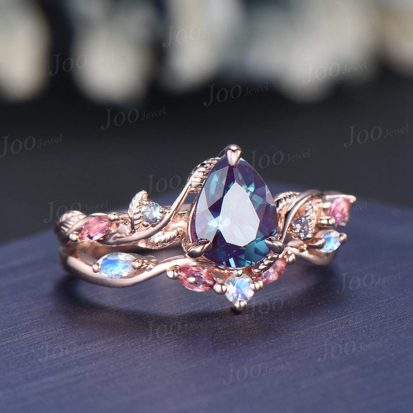 1.25ct Nature Inspired Pear Cut Color-Change Alexandrite Pink Tourmaline Bridal Set Twig Vine Engagement Ring June Birthstone Birthday Gifts