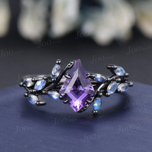 Kite Cut Natural Amethyst Wedding Ring Vintage Black Promise Ring Cluster Moonstone Engagement Ring Custom February Birthstone Gifts Women