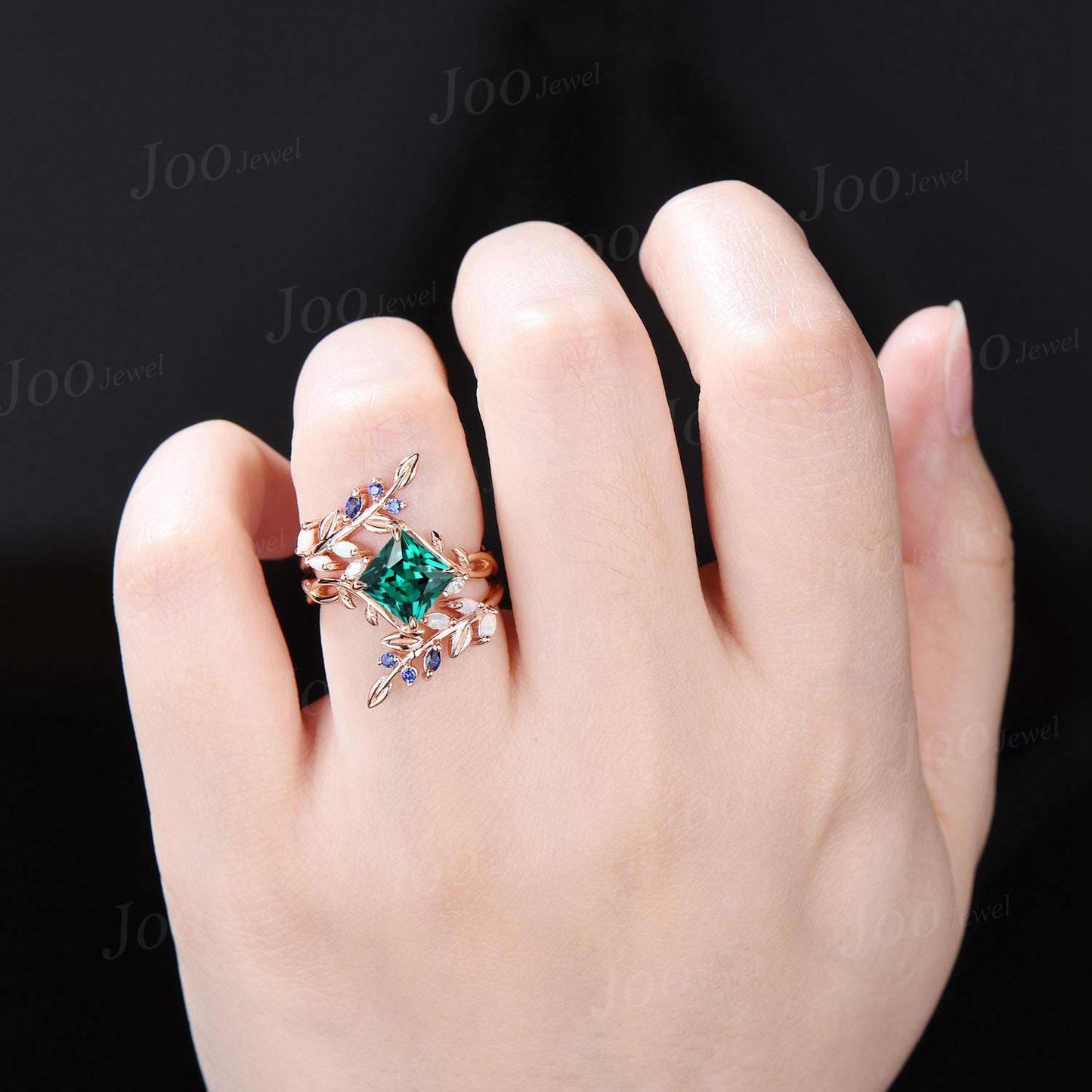 2ct Princess Cut Green Emerald Leaf Wedding Ring Set Olive Leaf Wrap Opal Sapphire Cross Enhancer Band for Women Nature Inspired Bridal Set