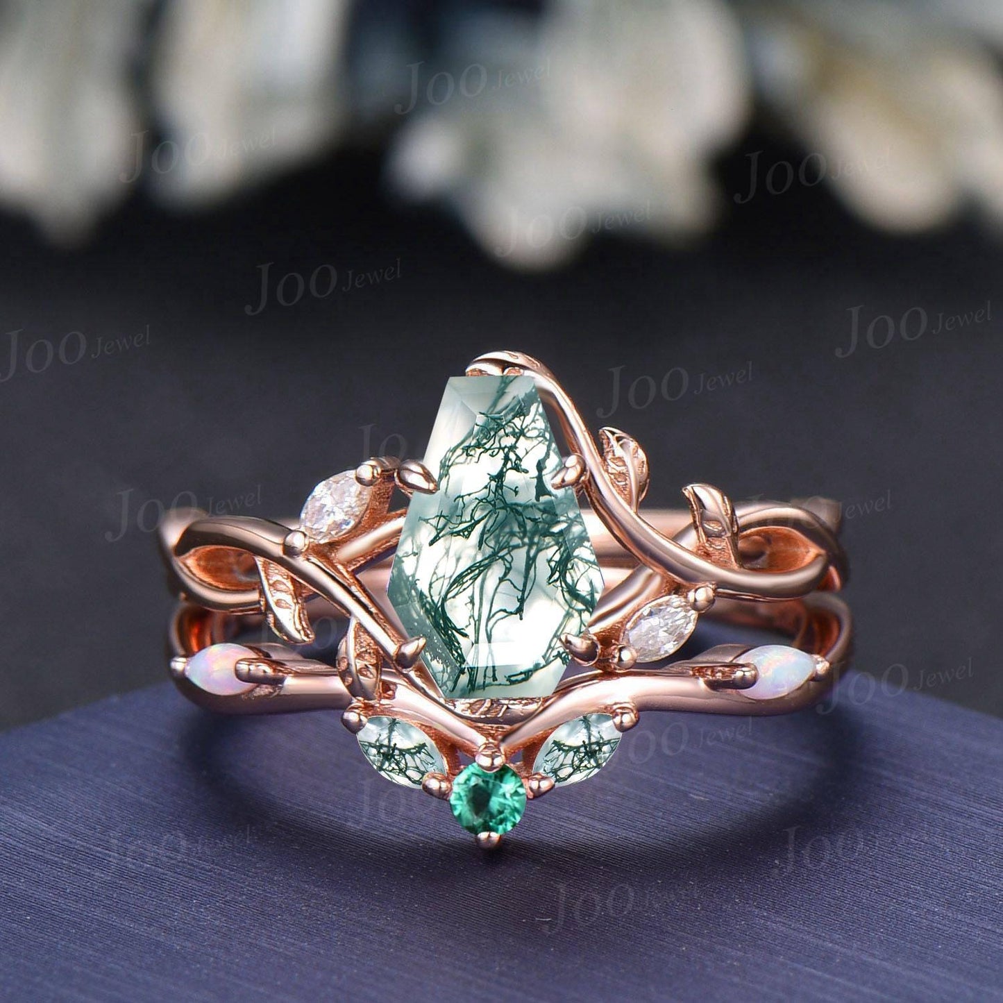 Coffin Cut Natural Moss Agate Leaf Vine Bypass Engagement Ring Twisted Infinity Wedding Ring Customizable Gemstone Non-Traditional Jewelry