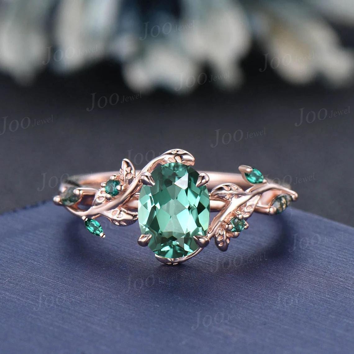 1.5ct Oval Cut Green Teal Sapphire Cluster Bridal Ring Set Rose Gold Leaf Engagement Ring Green Wedding Ring Moss Agate Wedding Band Women