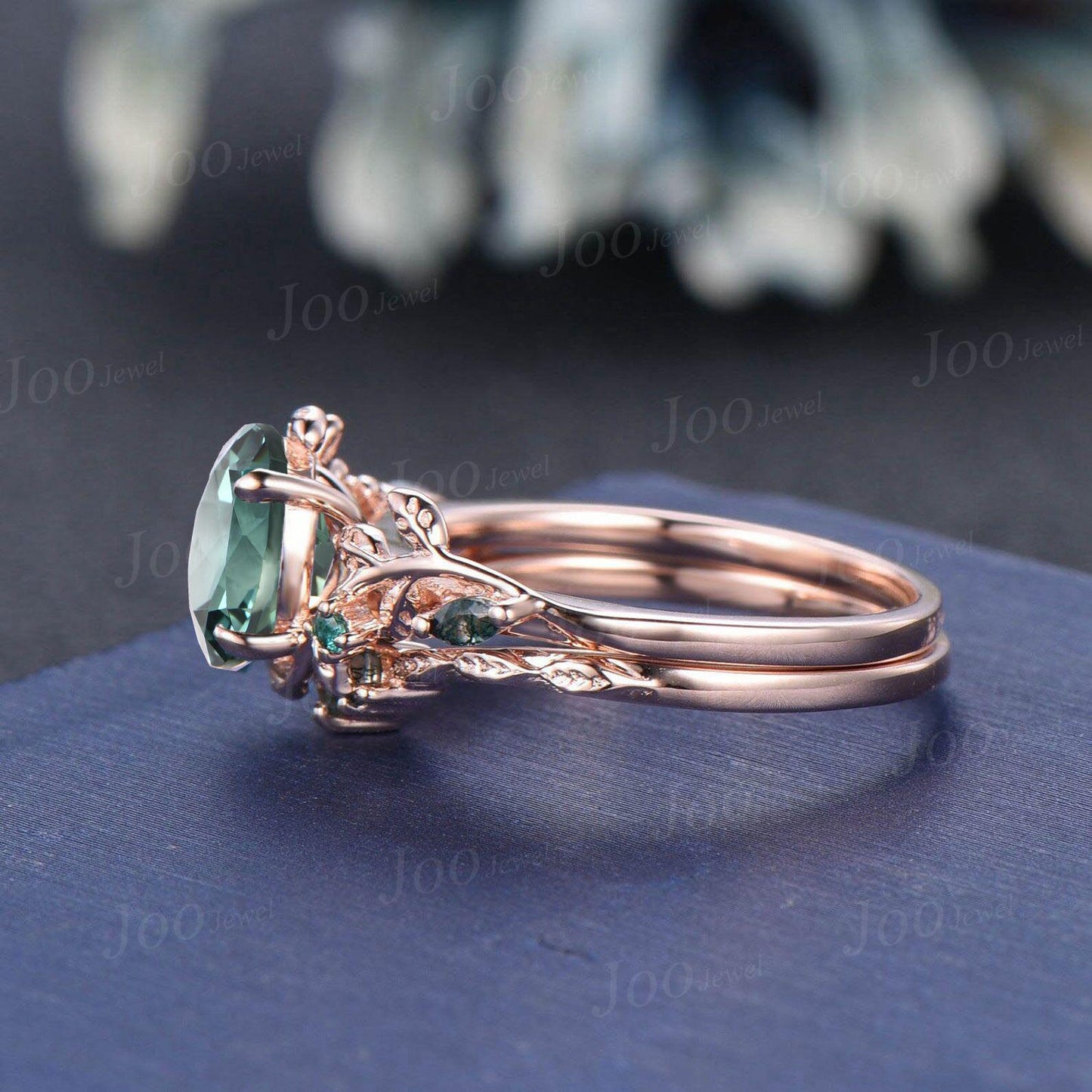 1.5ct Oval Cut Green Teal Sapphire Cluster Bridal Ring Set Rose Gold Leaf Engagement Ring Green Wedding Ring Moss Agate Wedding Band Women