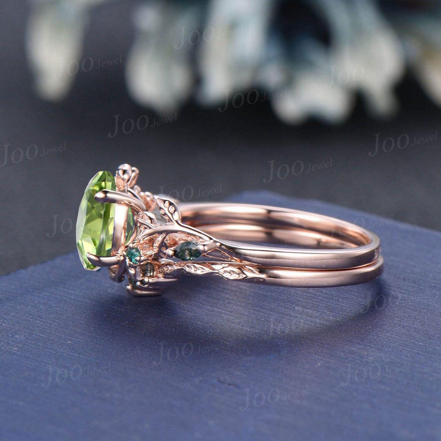 1.5ct Oval Cut Natural Green Peridot Engagement Ring Set-Forest Wedding Rings-Emerald & Moss Agate Accent- Boho Holiday Bride Jewelry 2pcs