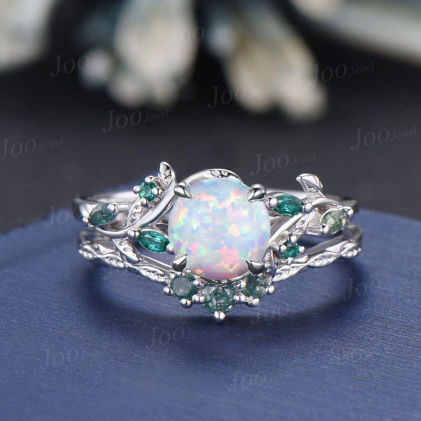 1.25ct Teardrop White Opal Engagement Ring Rose Gold | Emerald Vine Branch Rings | Moss Agate Wedding Band | Unique Opal Bridal Set for Her