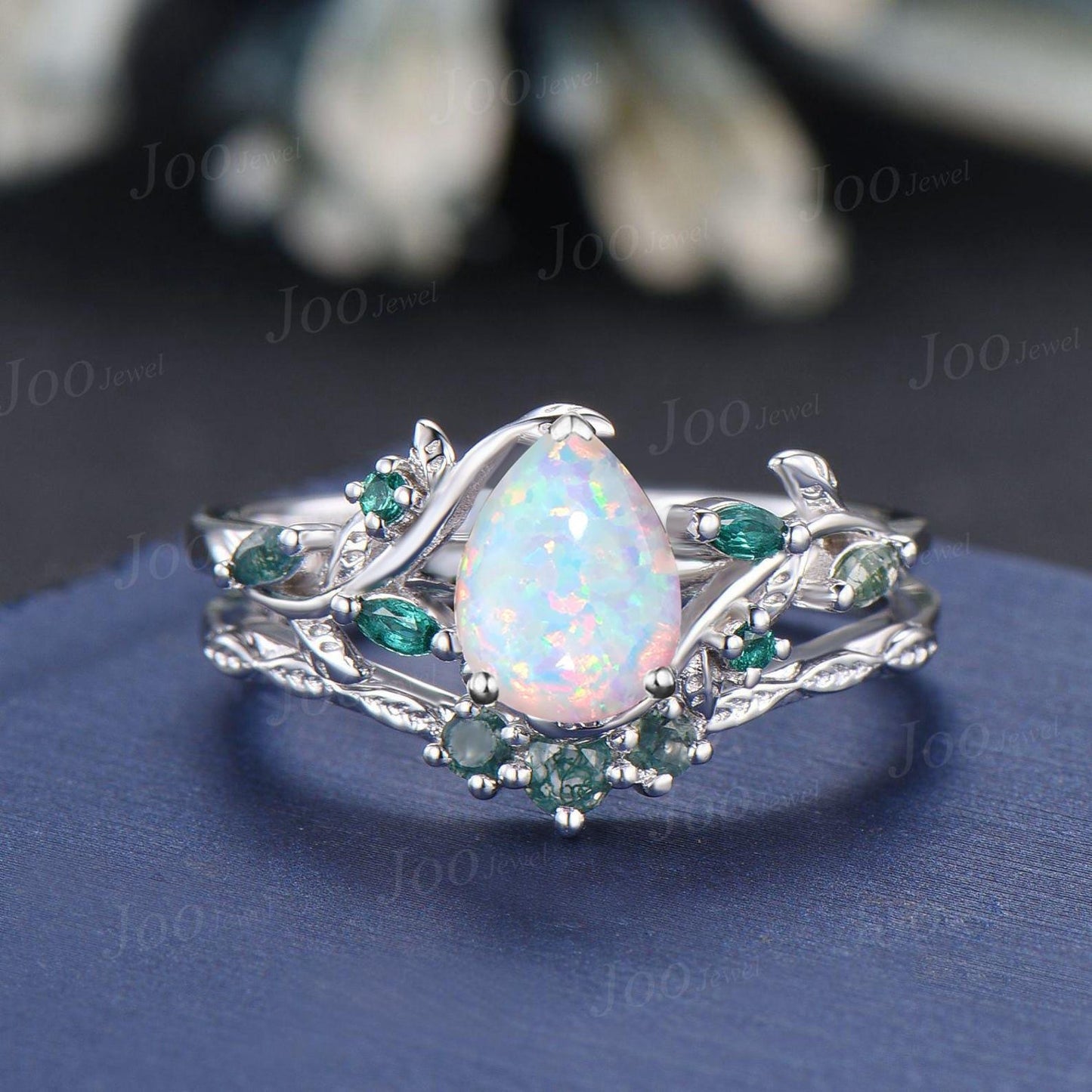 1.25ct Teardrop White Opal Engagement Ring Rose Gold | Emerald Vine Branch Rings | Moss Agate Wedding Band | Unique Opal Bridal Set for Her