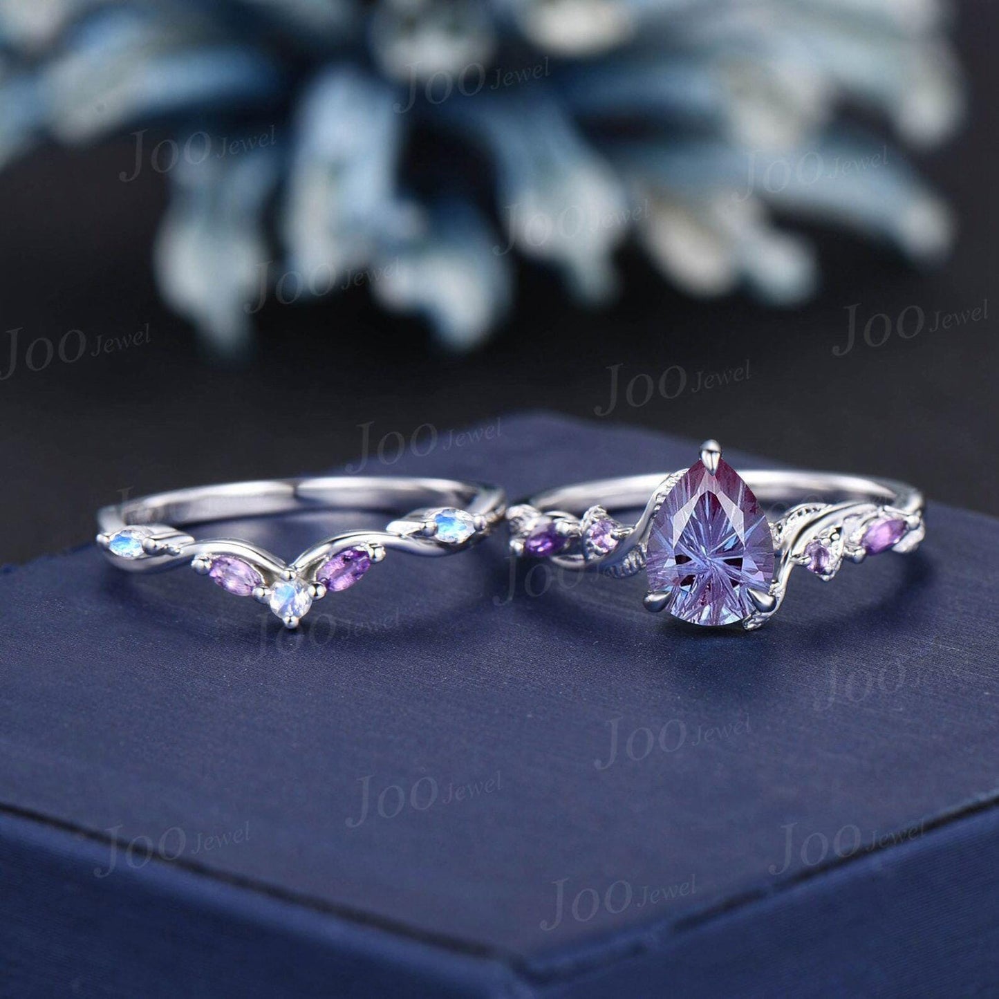 Fireworks Cut Alexandrite Wedding Ring Set Starbrite Alexandrite Rings Women Twig Vine Moonstone Amethyst Bridal Set June Birthstone Gifts