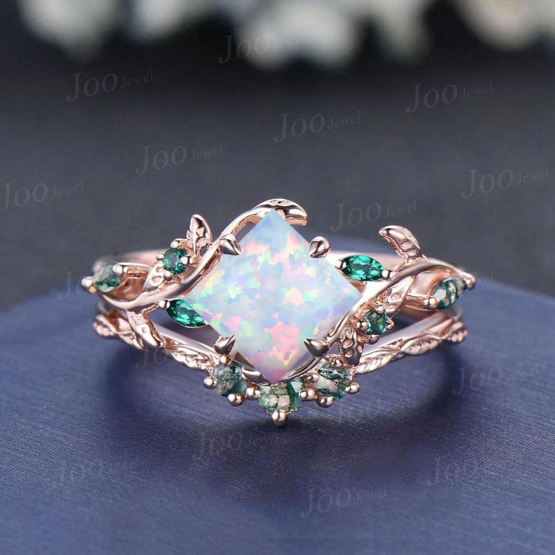 1.25ct Teardrop White Opal Engagement Ring Rose Gold | Emerald Vine Branch Rings | Moss Agate Wedding Band | Unique Opal Bridal Set for Her