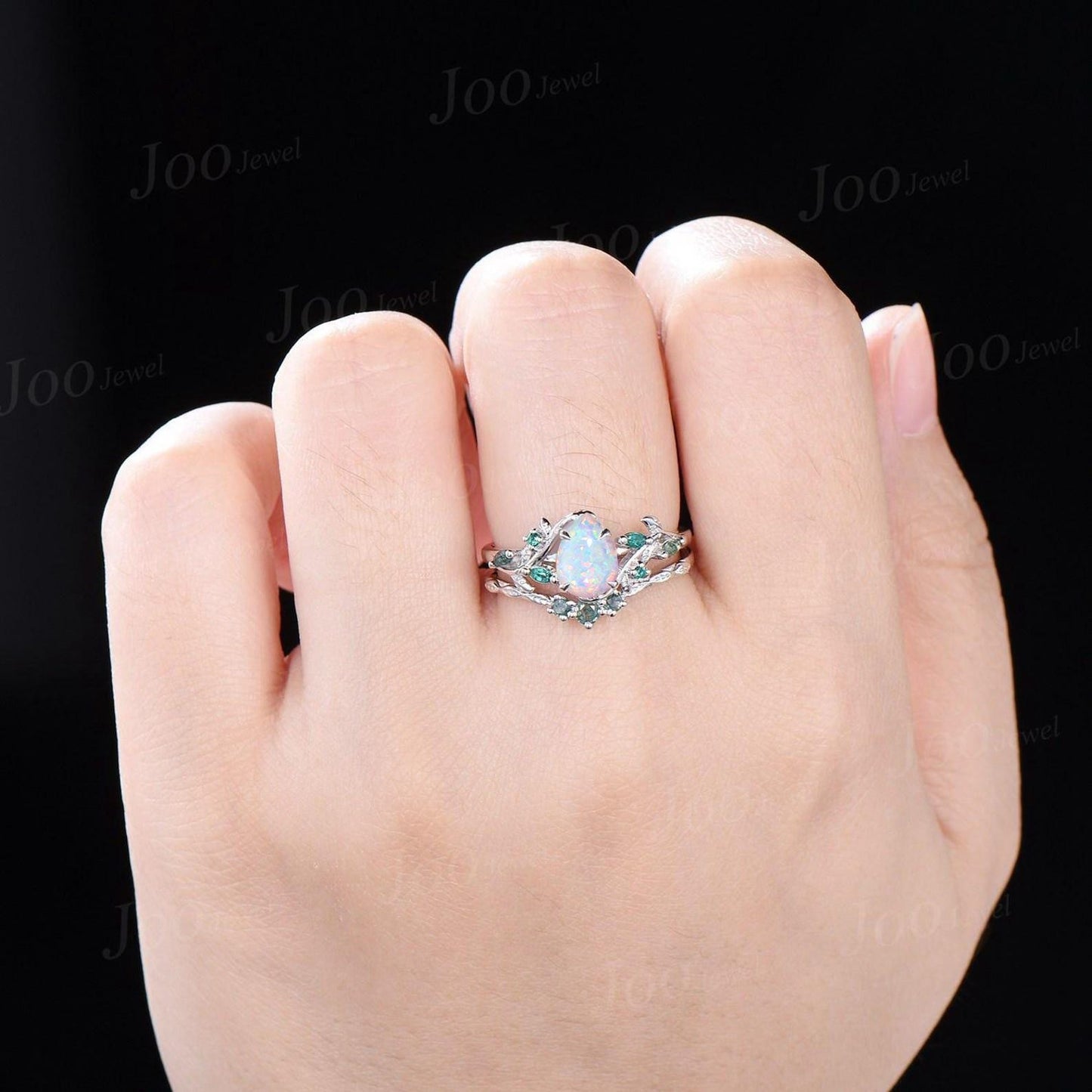 1.25ct Teardrop White Opal Engagement Ring Rose Gold | Emerald Vine Branch Rings | Moss Agate Wedding Band | Unique Opal Bridal Set for Her