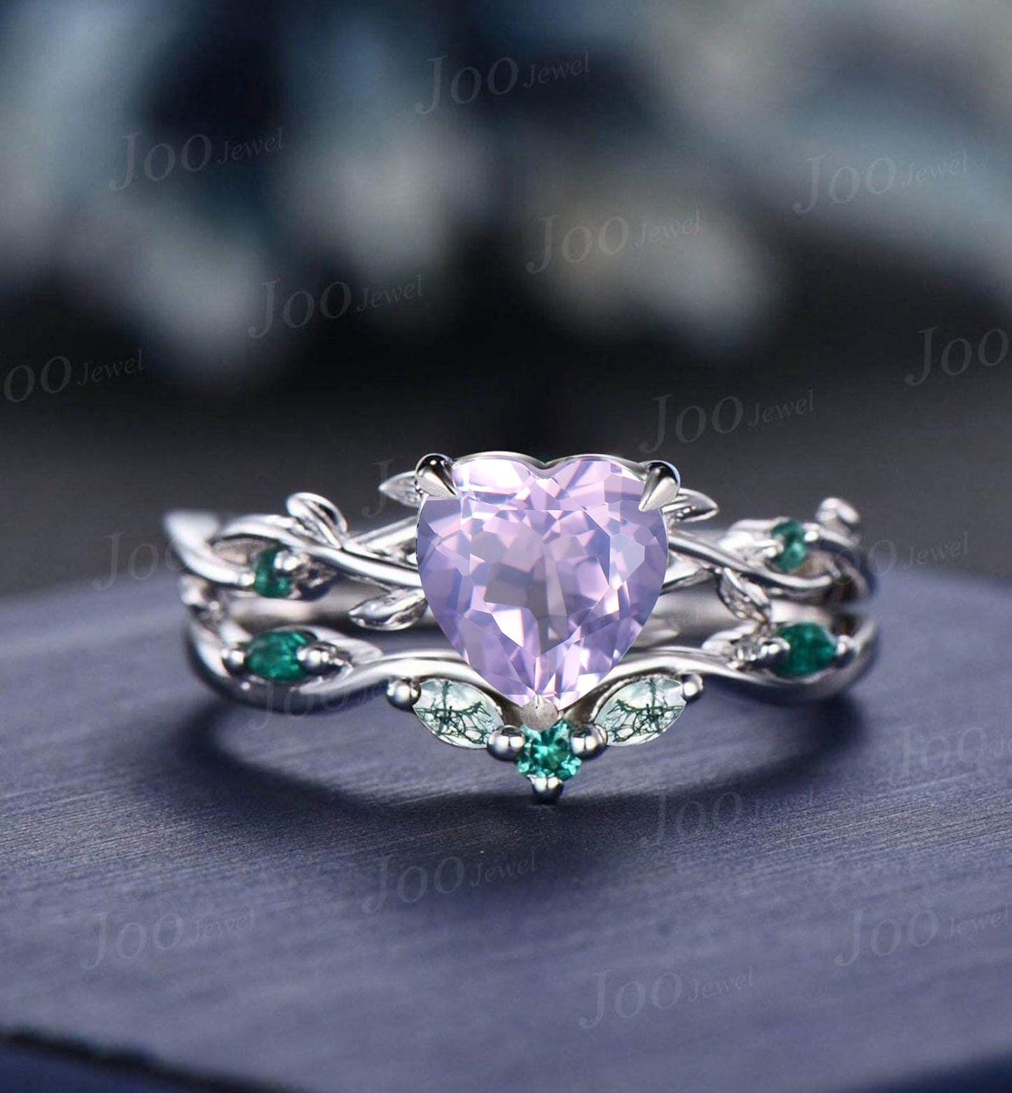 Vintage Heart Cut Natural Lavender Amethyst Bridal Ring Sterling Silver Art Deco Nature Inspired Emerald Moss Agate Wedding Rings Set Women