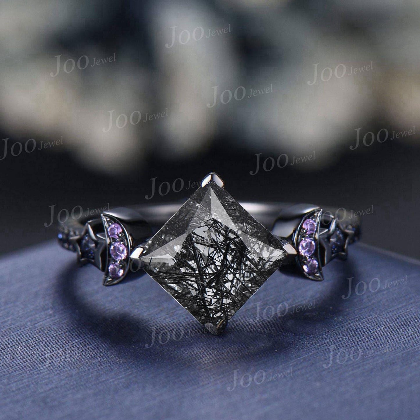 2ct Princess Cut Natural Black Rutilated Quartz Amethyst Moon Star Blue Sandstone Wedding Ring Gothic Dark Retro Black Gold Ring for Women
