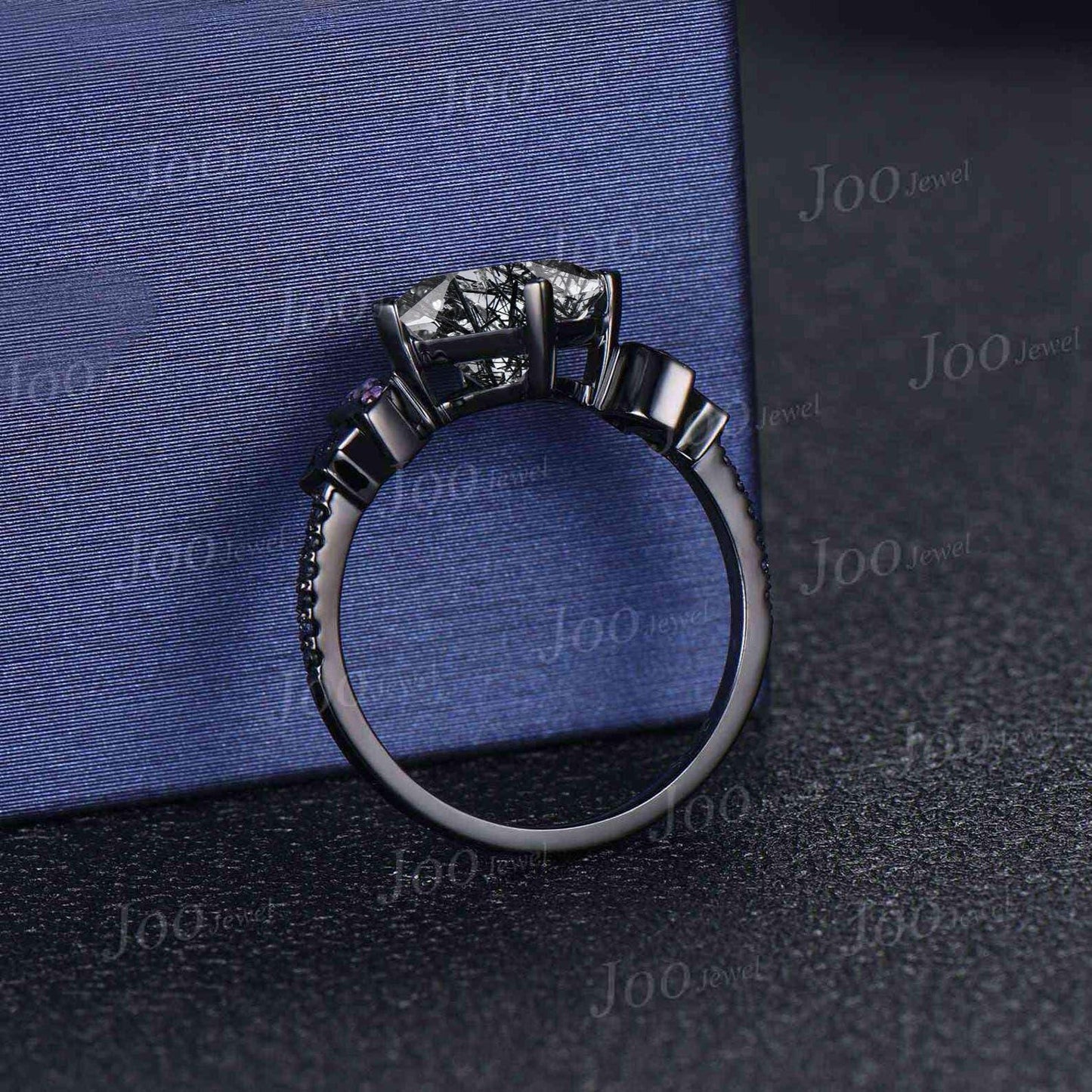 2ct Princess Cut Natural Black Rutilated Quartz Amethyst Moon Star Blue Sandstone Wedding Ring Gothic Dark Retro Black Gold Ring for Women