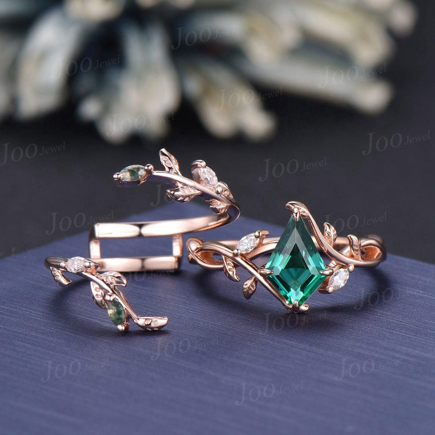 Nature Inspired Kite Cut Green Emerald Twisted Infinity Wedding Ring Enhancer Moss Agate Bypass Wedding Band Unique Non-Traditional Jewelry