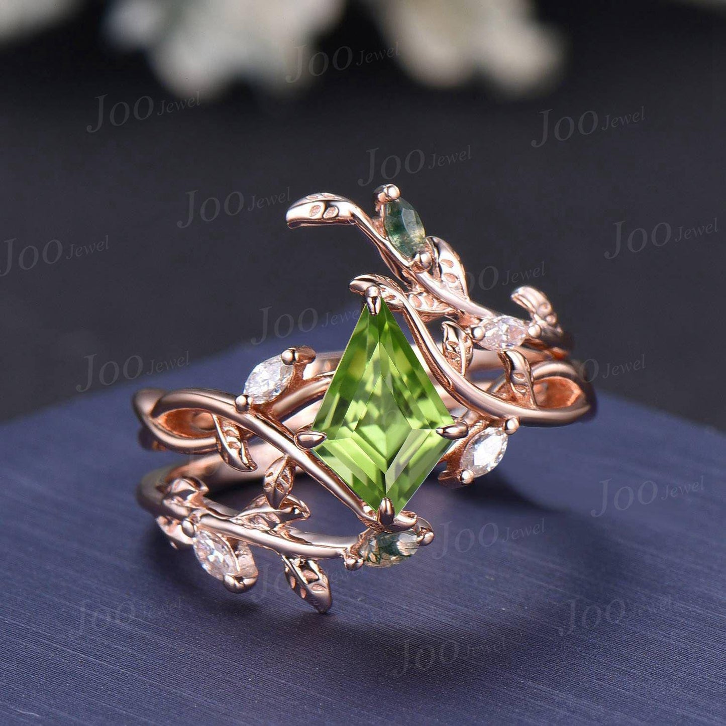 Kite Cut Natural Green Peridot Infinity Engagement Ring Sterling Silver Leaf Moss Agate Wedding Band Enhancer Twisted Wrap Bridal Ring Women