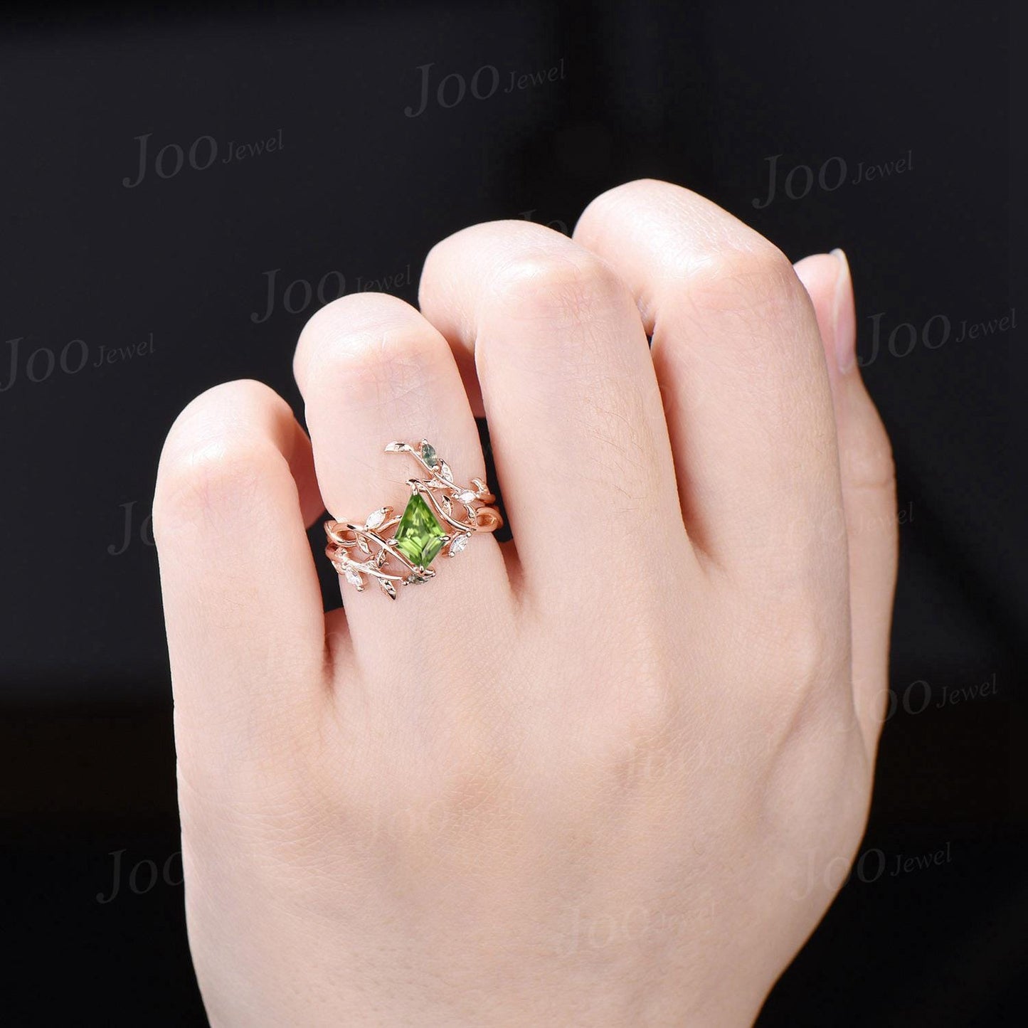 Kite Cut Natural Green Peridot Infinity Engagement Ring Sterling Silver Leaf Moss Agate Wedding Band Enhancer Twisted Wrap Bridal Ring Women