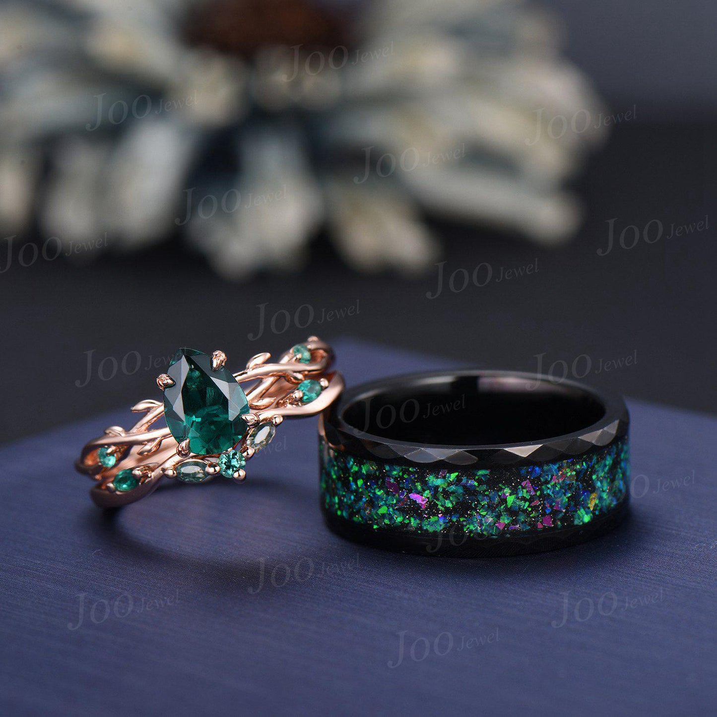 Green Emerald & Black Ceramic Leaf Nature Inspired Couples Ring-His and Hers Wedding Band-Twig Vine Ring Set-Matching Couples Promise Ring