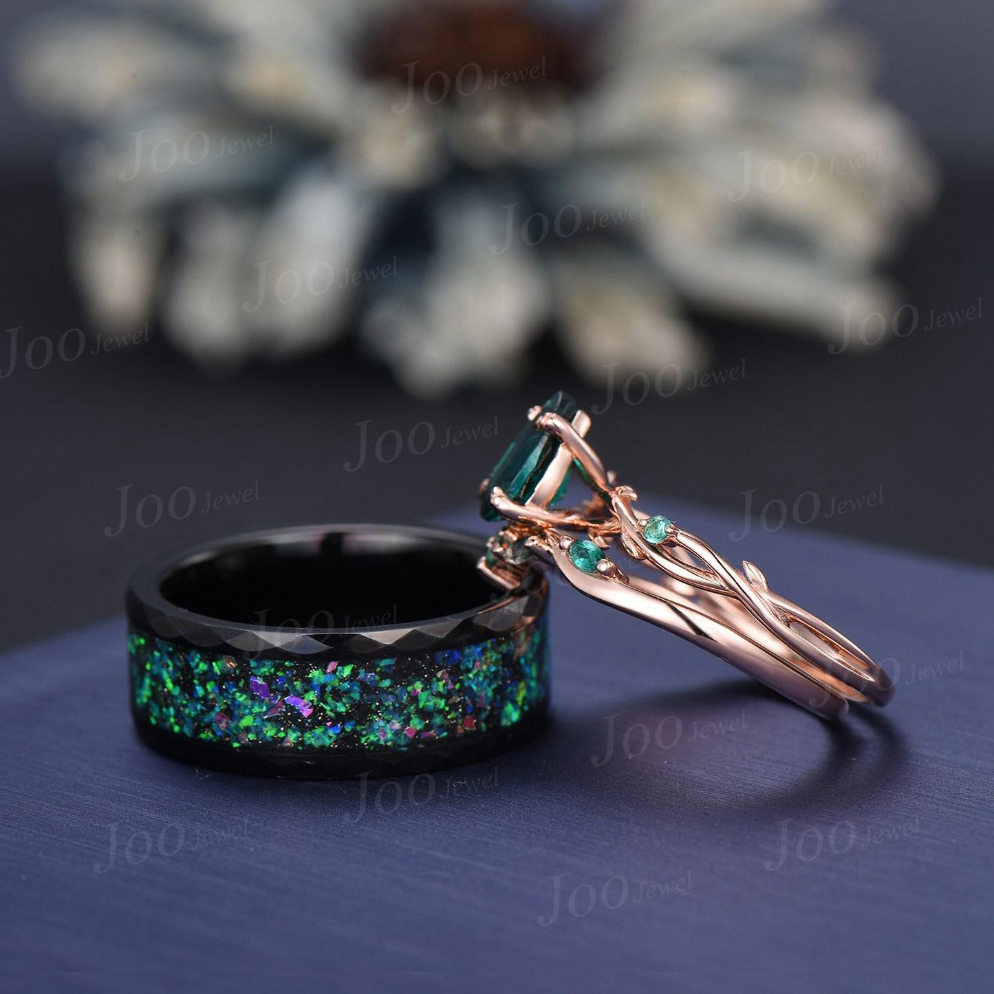Green Emerald & Black Ceramic Leaf Nature Inspired Couples Ring-His and Hers Wedding Band-Twig Vine Ring Set-Matching Couples Promise Ring