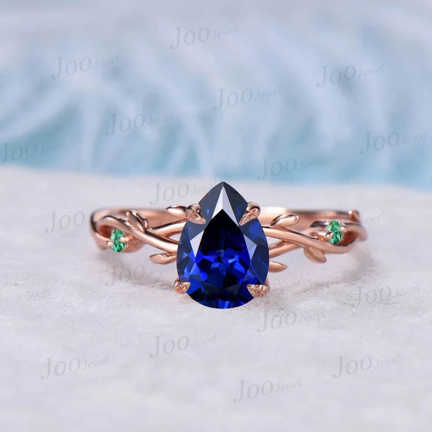 1.25ct Pear Blue Sapphire Twig Vine Engagement Ring Vintage Nature Inspired Blue Sapphire Emerald Promise Ring Unique Noble Gift for Women