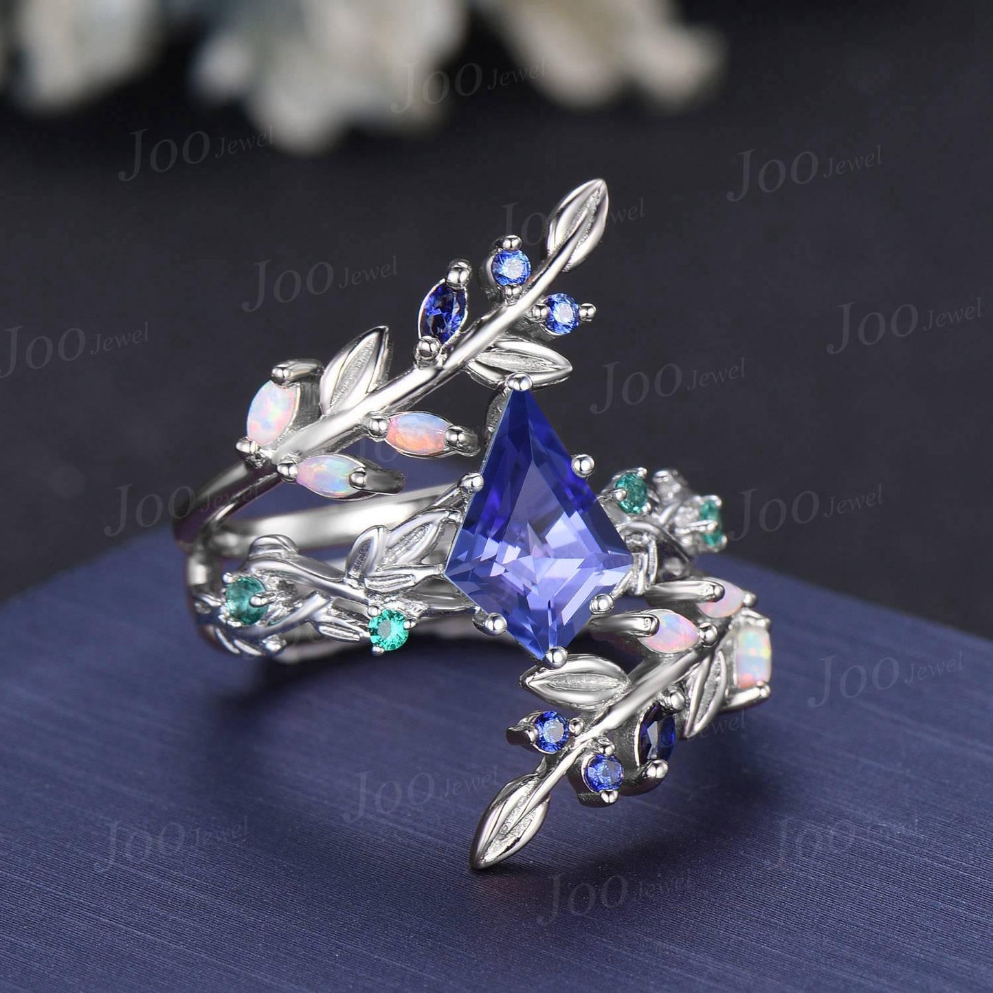 2ct Kite Cut Natural Tanzanite Cluster Bridal Ring Blue Sapphire Opal Enhancer Wrap Wedding Band Olive Leaf Bypass Engagement Ring for Women