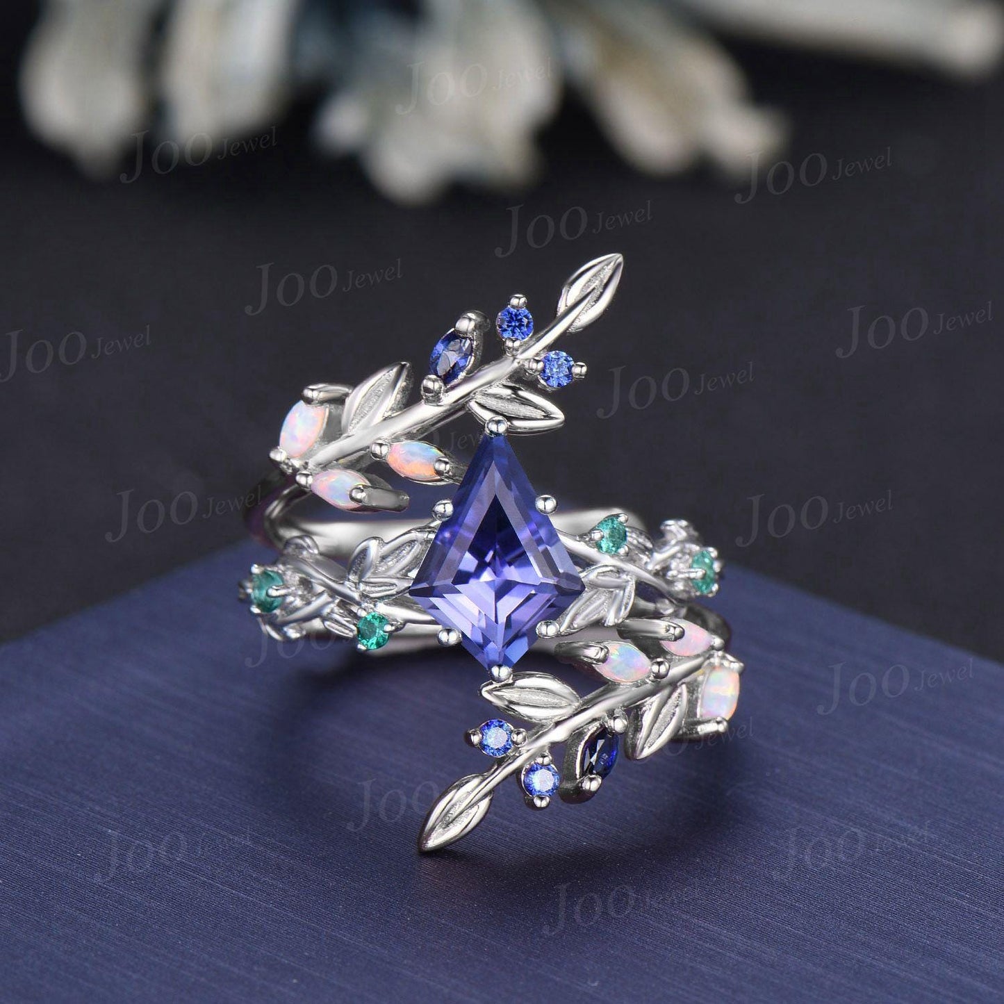 2ct Kite Cut Natural Tanzanite Cluster Bridal Ring Blue Sapphire Opal Enhancer Wrap Wedding Band Olive Leaf Bypass Engagement Ring for Women