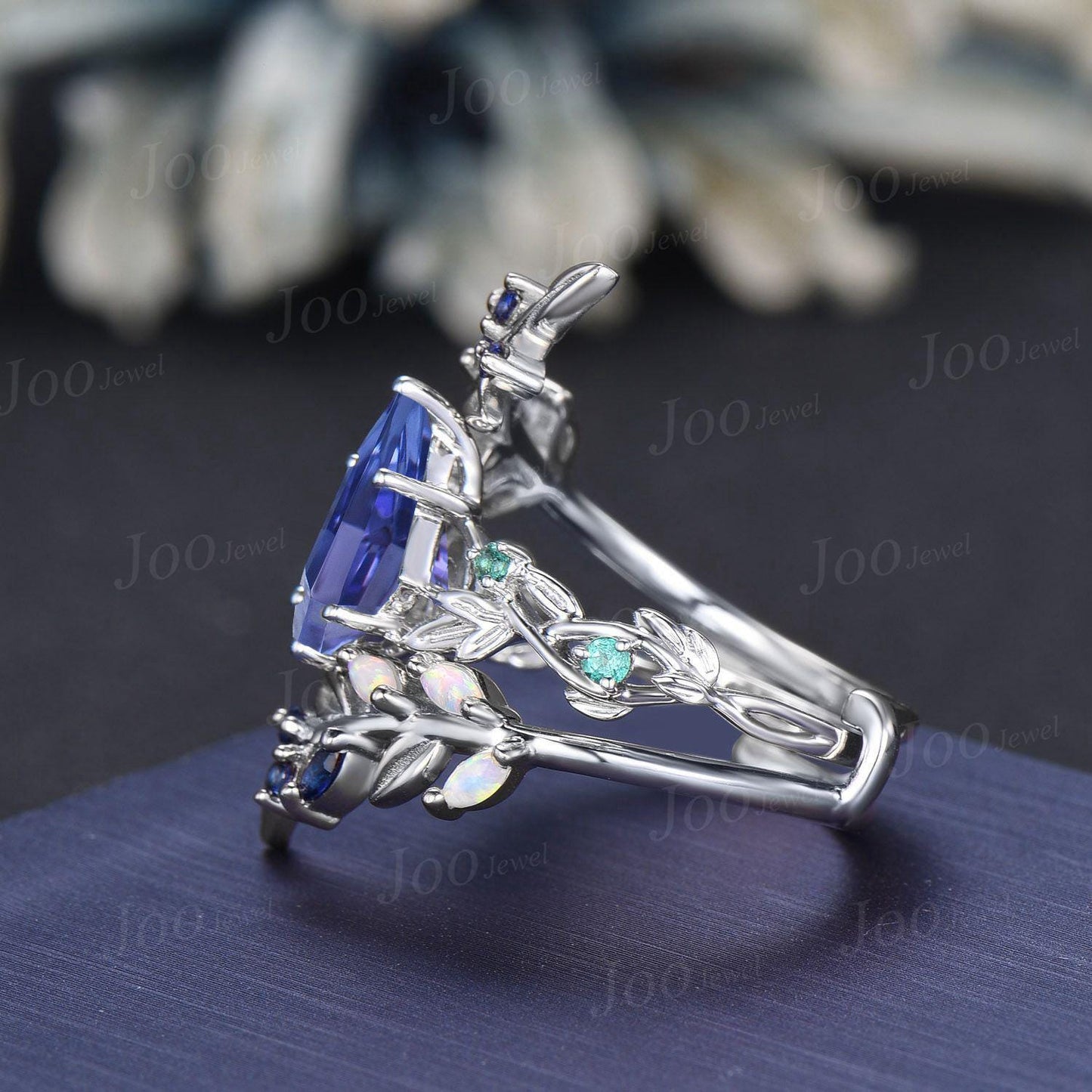 2ct Kite Cut Natural Tanzanite Cluster Bridal Ring Blue Sapphire Opal Enhancer Wrap Wedding Band Olive Leaf Bypass Engagement Ring for Women