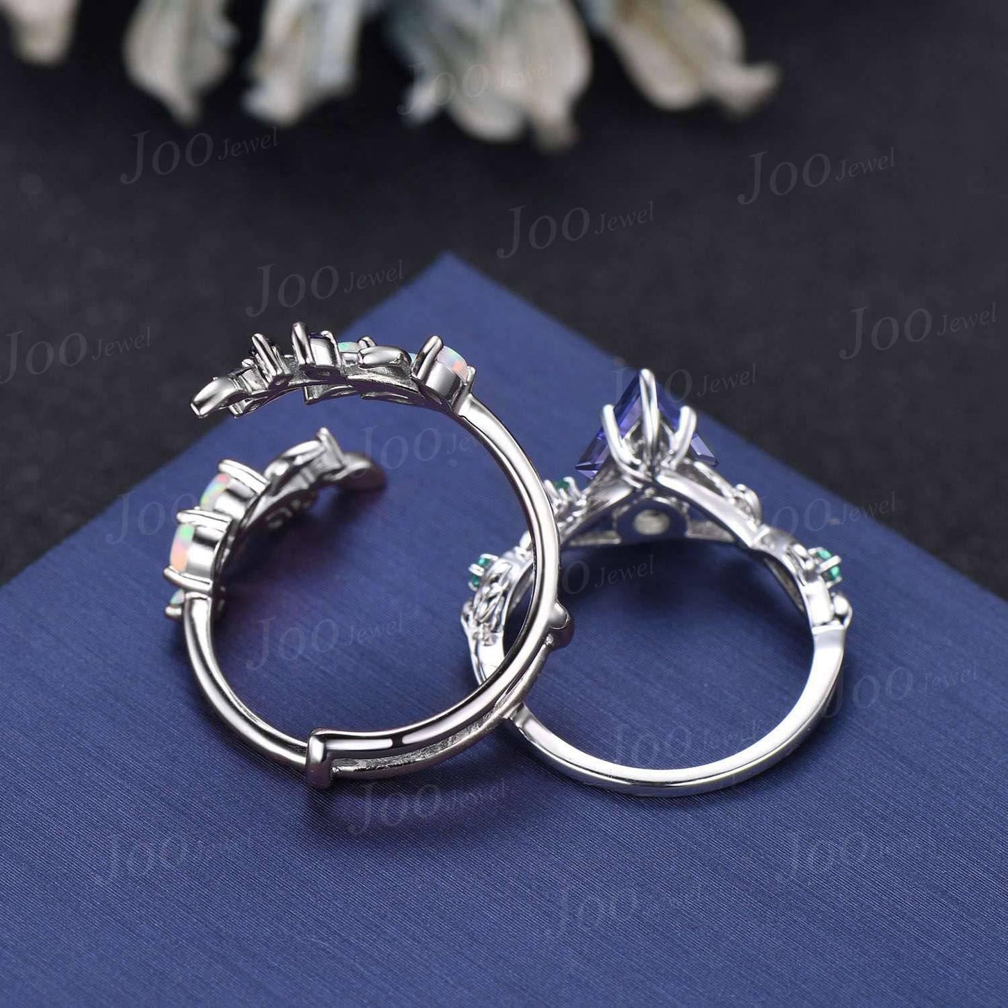 2ct Kite Cut Natural Tanzanite Cluster Bridal Ring Blue Sapphire Opal Enhancer Wrap Wedding Band Olive Leaf Bypass Engagement Ring for Women