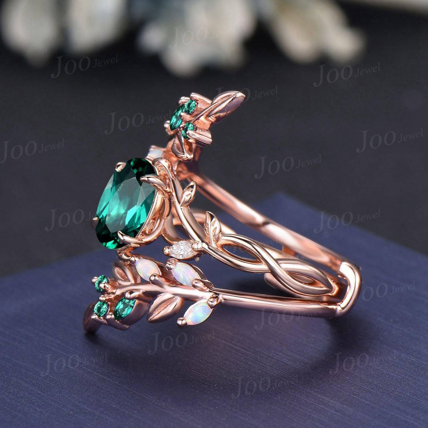 1.5ct Oval Cut Green Emerald Olive Leaf Bridal Ring Set Opal Emerald Enhancer Wedding Band May Birthstone Jewelry Gifts Unique Proposal Ring