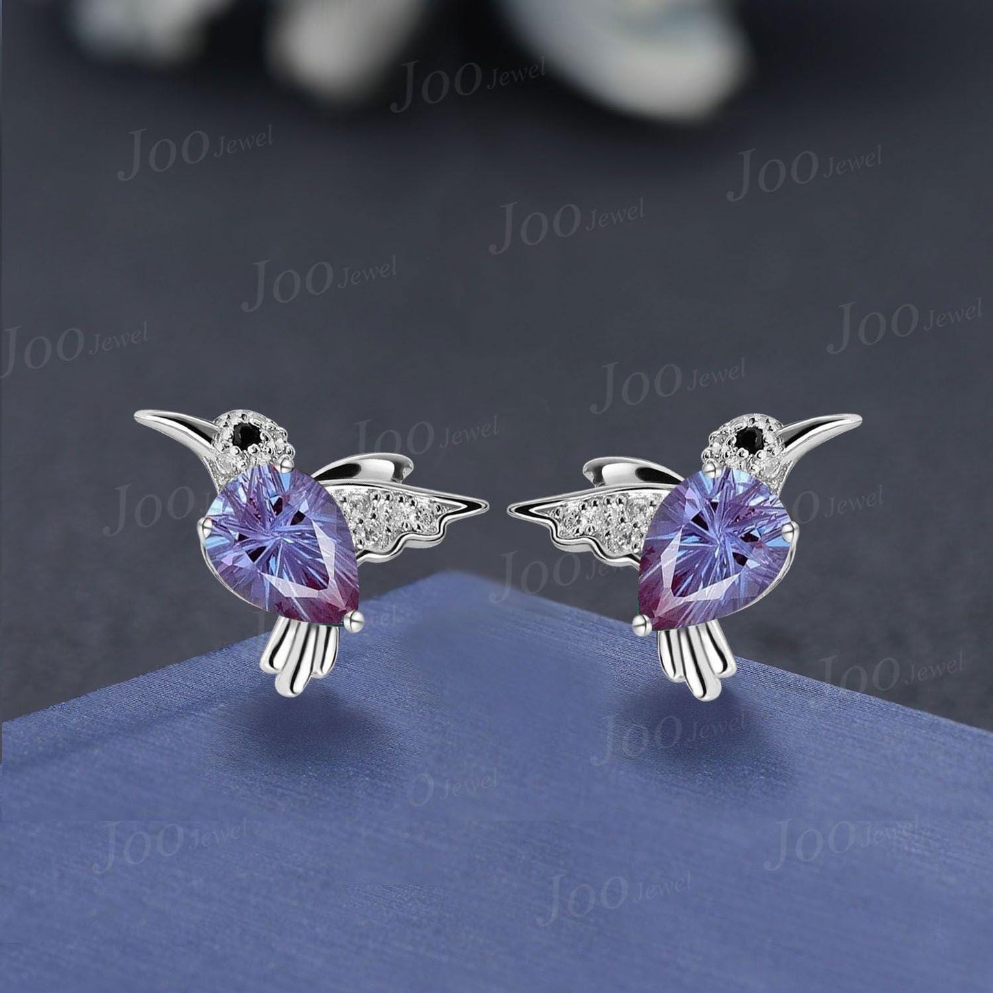 Bird Earrings with 1.25ct Pear Starbrite Alexandrite | Fireworks Cut Color-Change Alexandrite Studs | Unique Birthday Gifts Jewelry for Her