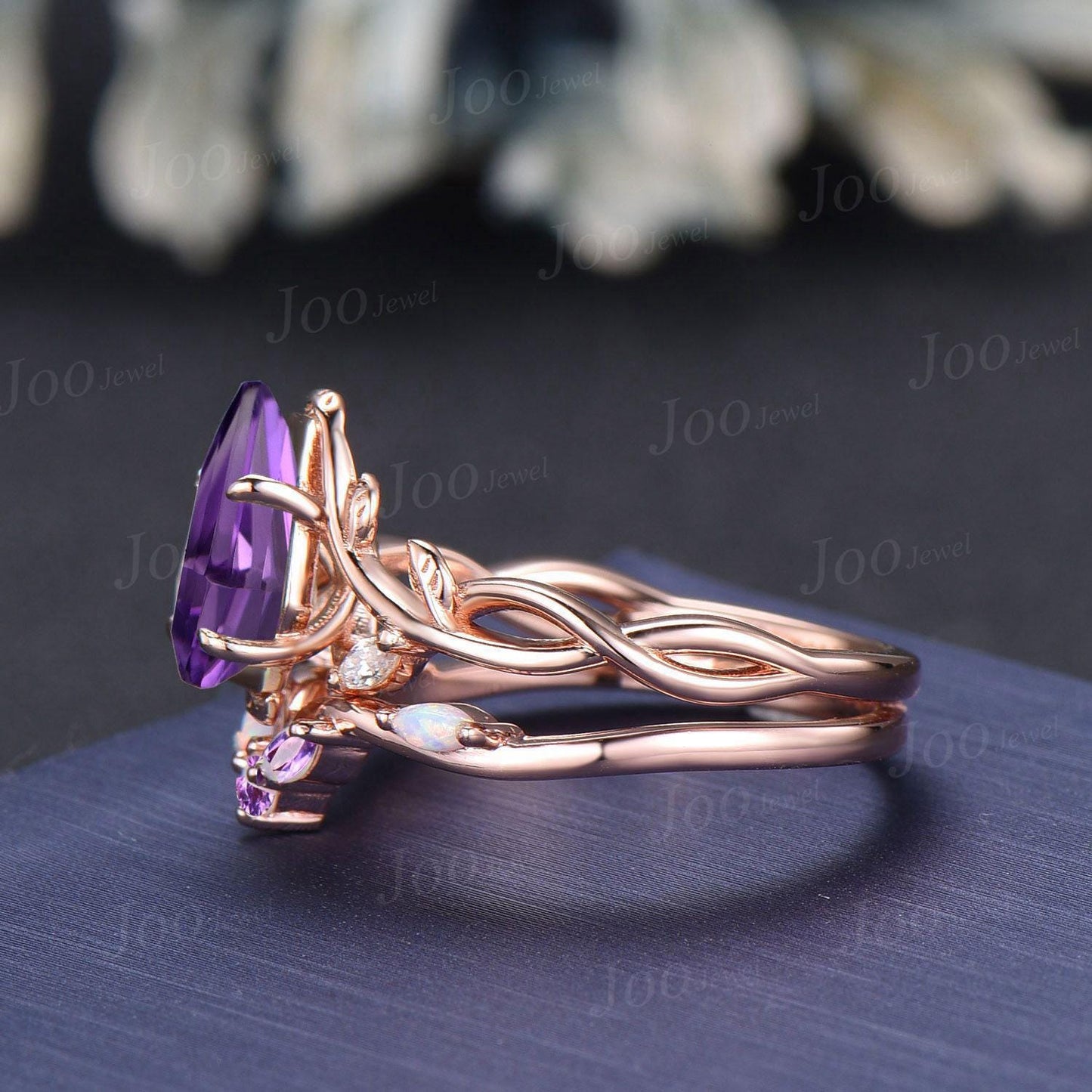 Coffin Cut Natural Lavender Amethyst Opal Bridal Ring Set Infinity Leaf Vine Engagement Ring Sterling Silver
