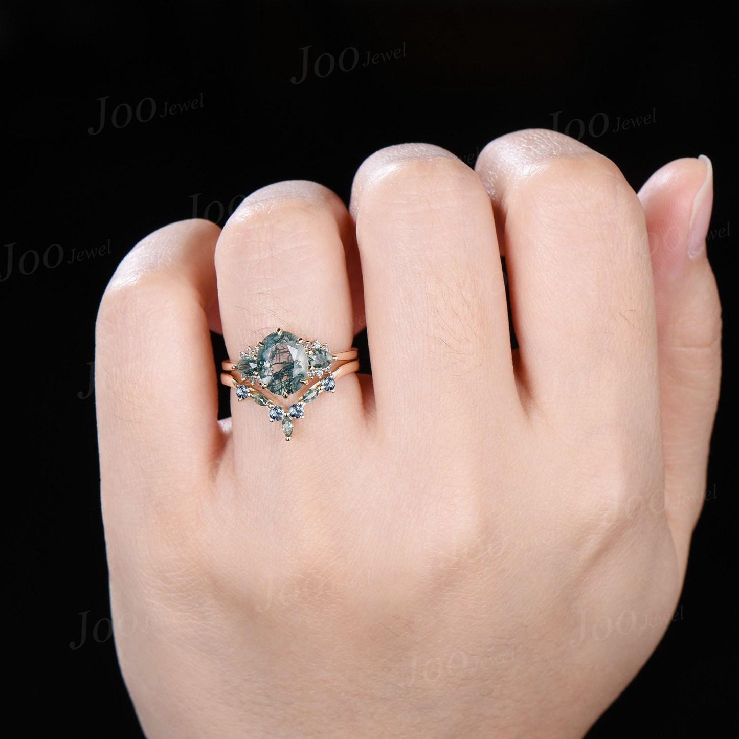 Sterling Silver Oval Cut Natural Moss Agate Alexandrite Bridal Set for Women