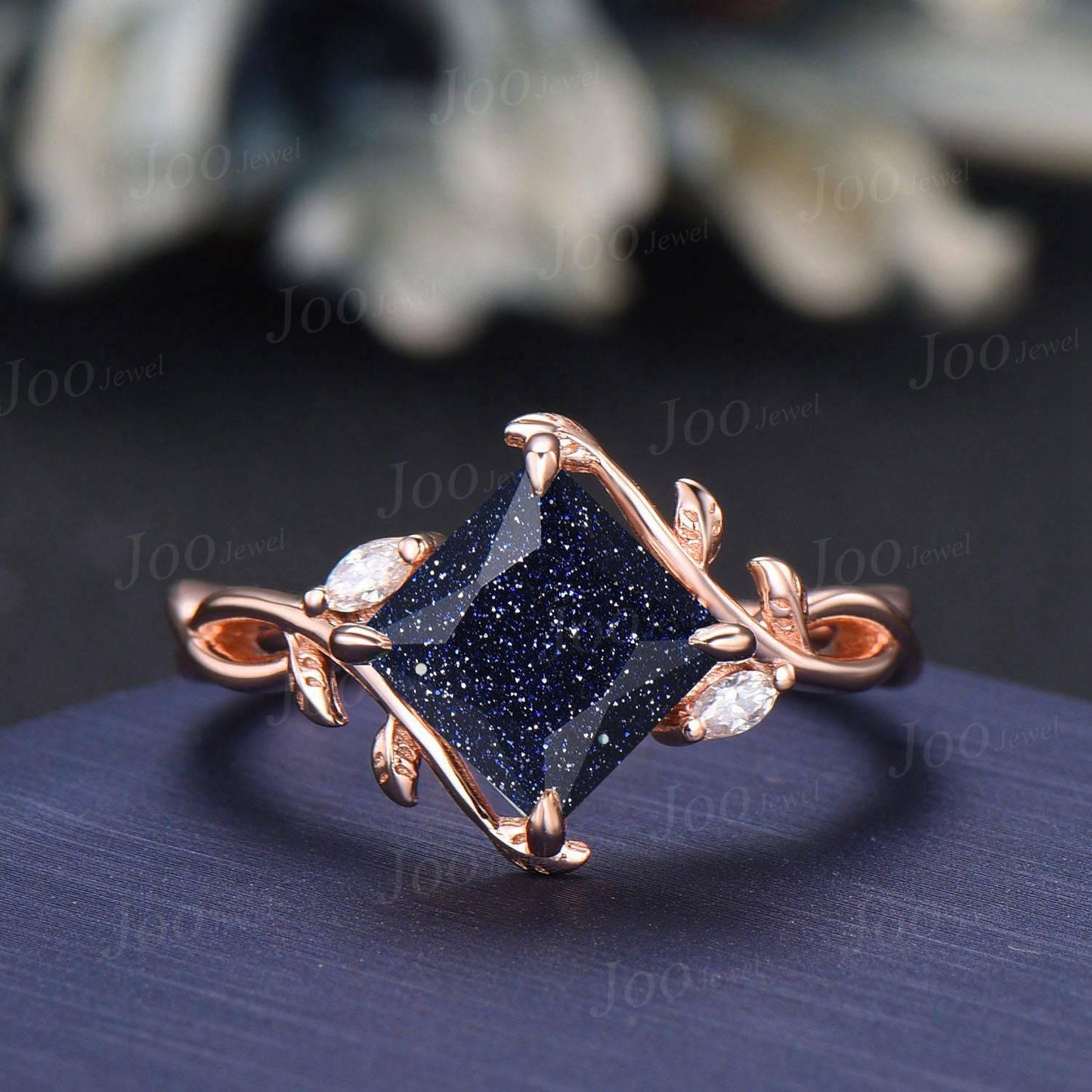 Infinity Design Princess Cut Galaxy Blue Sandstone Sapphire Wedding Ring Set Olive Leaf Wrap Opal Enhancer Band for Women