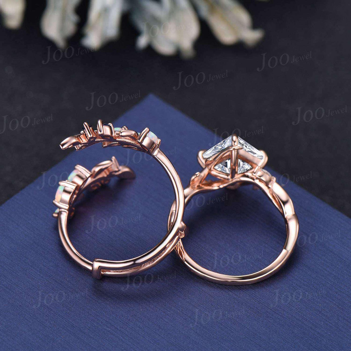 Princess Cut Moissanite Diamond Infinity Leaf Wedding Ring Set Vintage Rose Gold Opal Blue Sapphire Olive Leaf Wrap Enhancer Band for Women