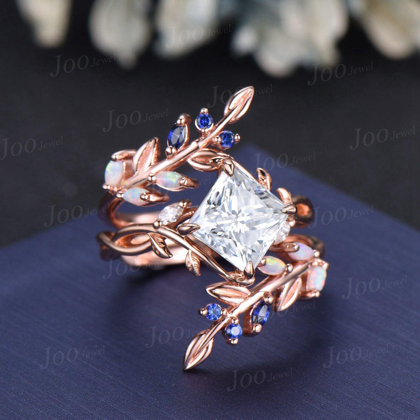 Princess Cut Moissanite Diamond Infinity Leaf Wedding Ring Set Vintage Rose Gold Opal Blue Sapphire Olive Leaf Wrap Enhancer Band for Women