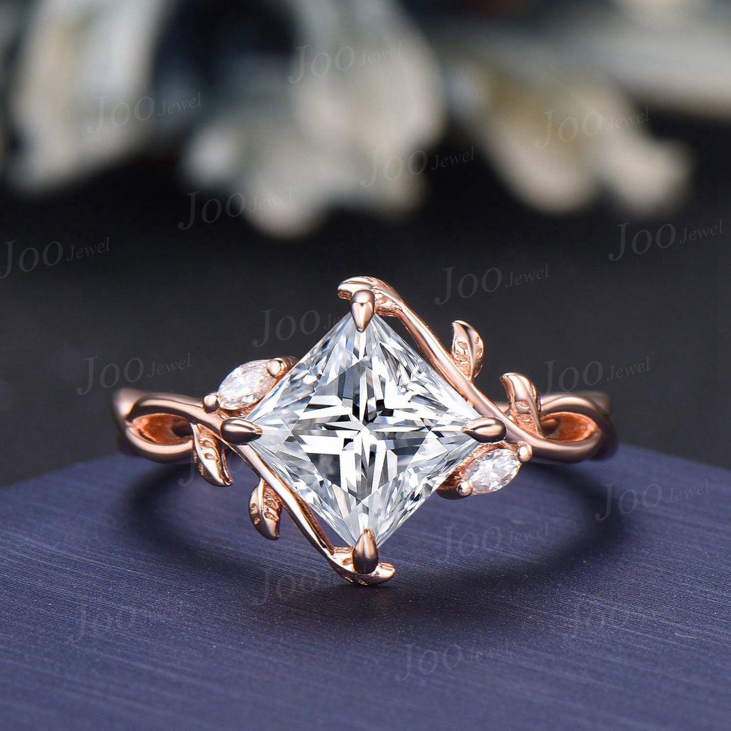 Princess Cut Moissanite Diamond Infinity Leaf Wedding Ring Set Vintage Rose Gold Opal Blue Sapphire Olive Leaf Wrap Enhancer Band for Women