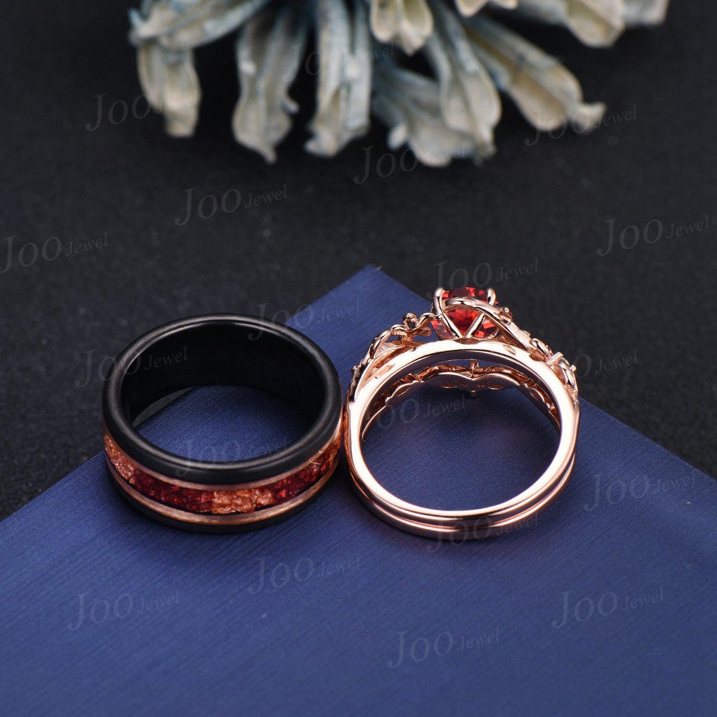Black Tungsten & Sterling Silver| Round Natural Red Garnet Couple Ring Set| Nature-Inspired Design|His and Hers Wedding Ring|1CT Bridal Ring