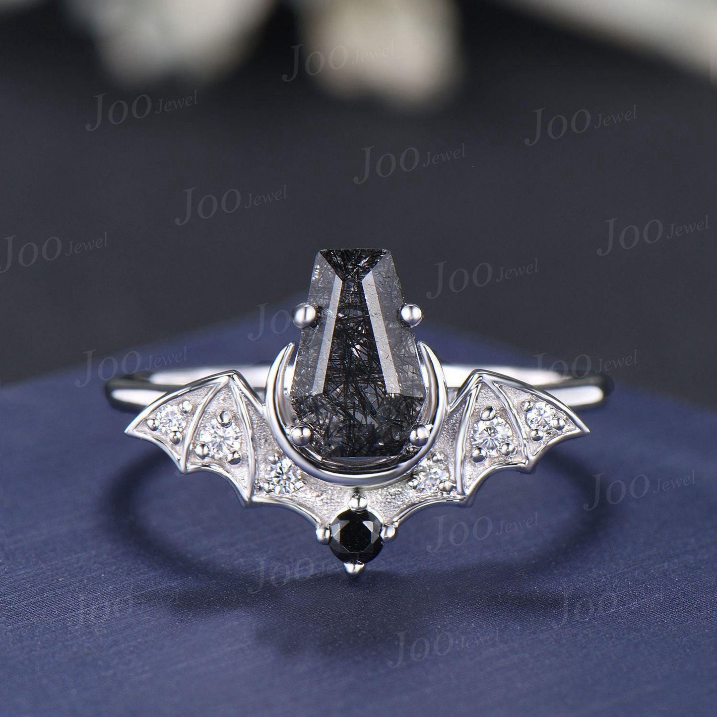 Coffin Bat Engagement Rings Retro Coffin Moon Natural Black Rutilated Quartz Wedding Ring Set Non-Traditional Black Gold Bridal Set Women