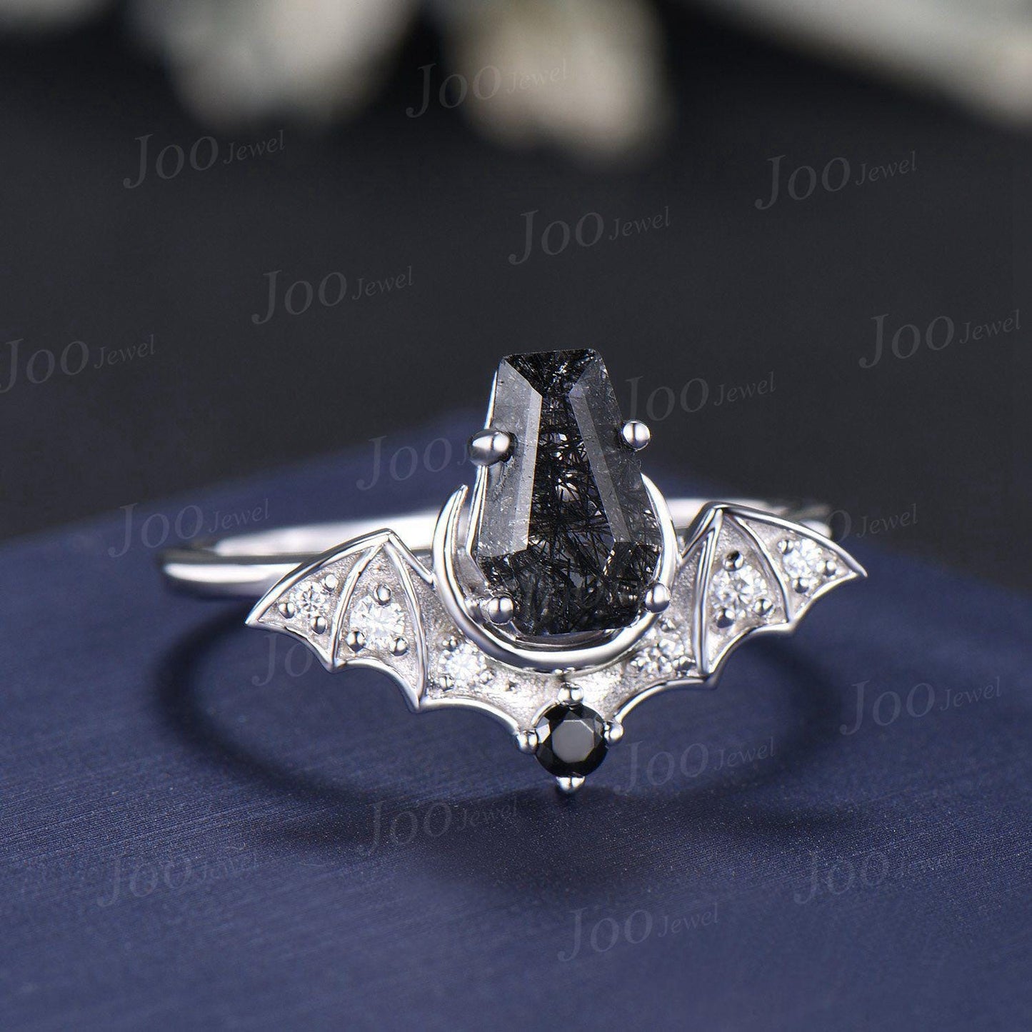 Coffin Bat Engagement Rings Retro Coffin Moon Natural Black Rutilated Quartz Wedding Ring Set Non-Traditional Black Gold Bridal Set Women
