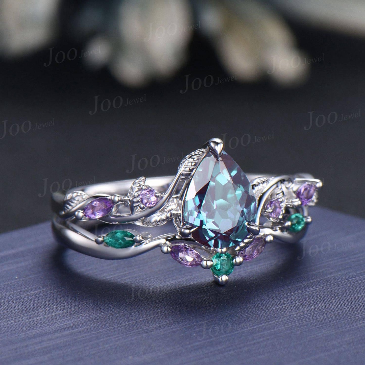 Nature Inspired Pear Cut Color-Change Alexandrite Bridal Ring with Amethyst Emerald Twig Vine Engagement Ring June Birthstone Wedding Gifts