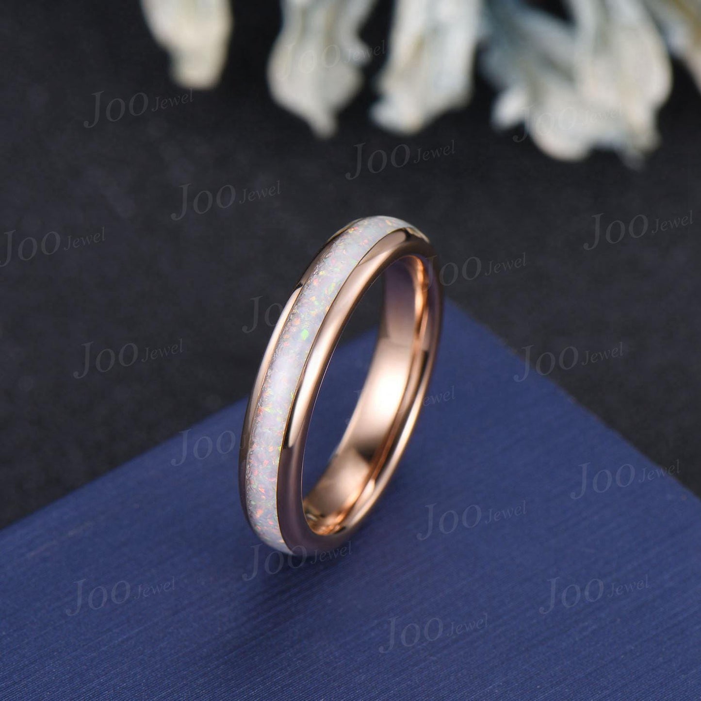 4mm Rose Gold White Opal Wedding Band for Women Dainty Minimalist Opal Promise Ring Comfort Fit No-Fading Opal Stacking Full Eternity Band