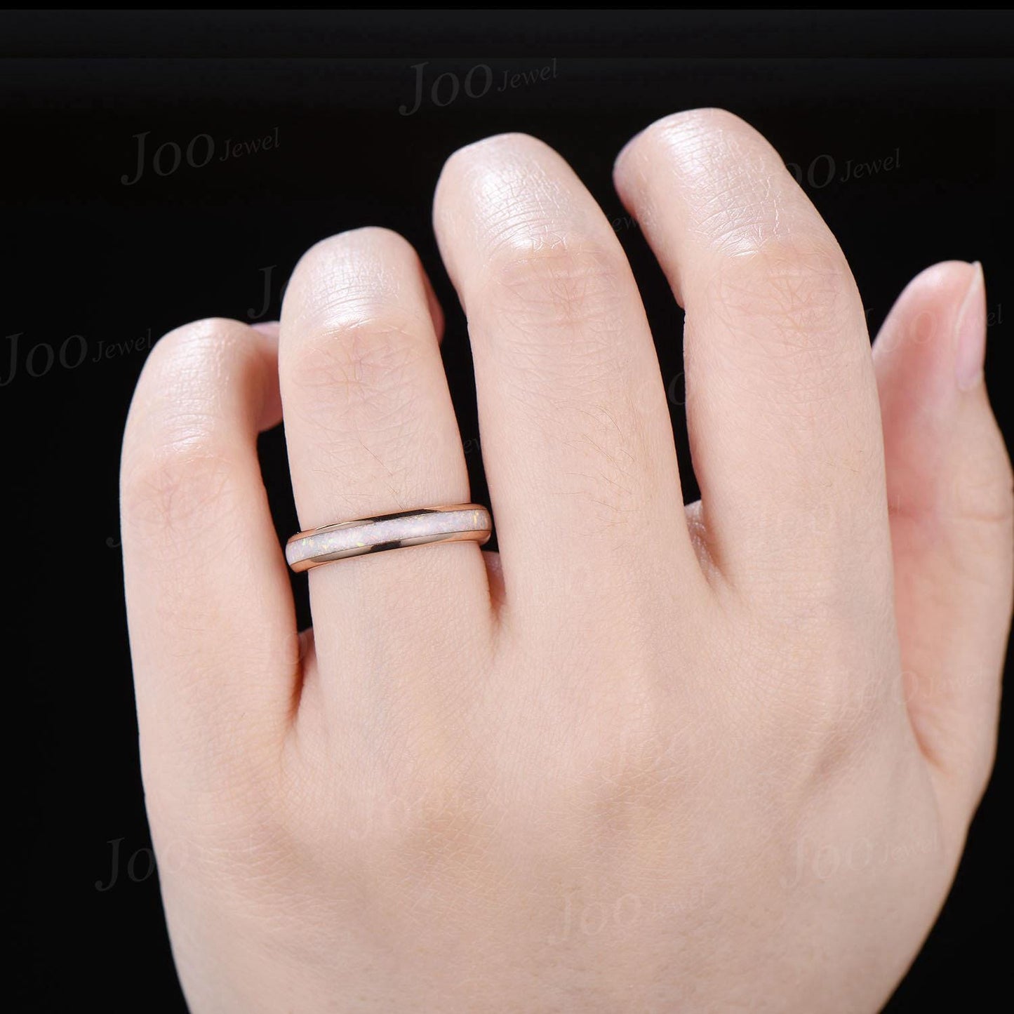 4mm Rose Gold White Opal Wedding Band for Women Dainty Minimalist Opal Promise Ring Comfort Fit No-Fading Opal Stacking Full Eternity Band