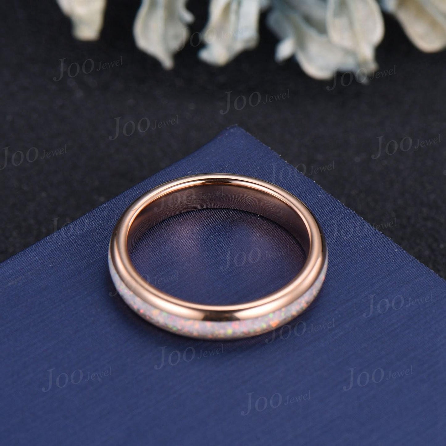 4mm Rose Gold White Opal Wedding Band for Women Dainty Minimalist Opal Promise Ring Comfort Fit No-Fading Opal Stacking Full Eternity Band