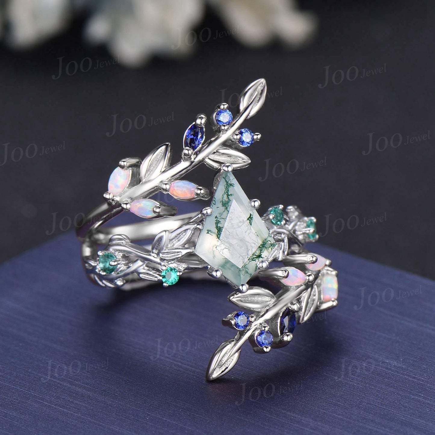 Kite Cut Natural Moss Agate Leaf Ring- Nature Themed Wedding Ring- Sapphire Opal Accent- Nature Inspired Bridal Ring- Enhancer Wedding Band