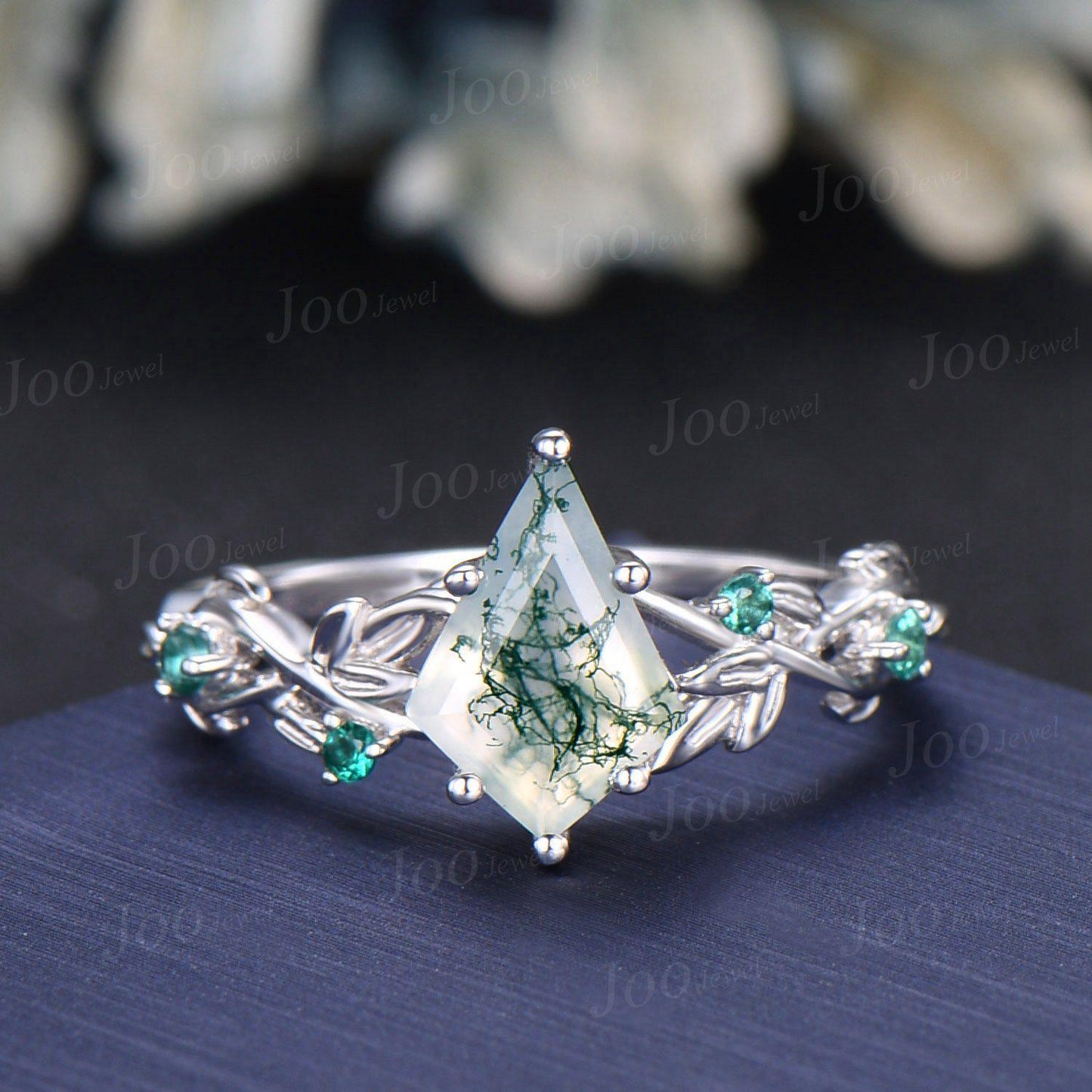 Kite Cut Natural Moss Agate Leaf Ring- Nature Themed Wedding Ring- Sapphire Opal Accent- Nature Inspired Bridal Ring- Enhancer Wedding Band