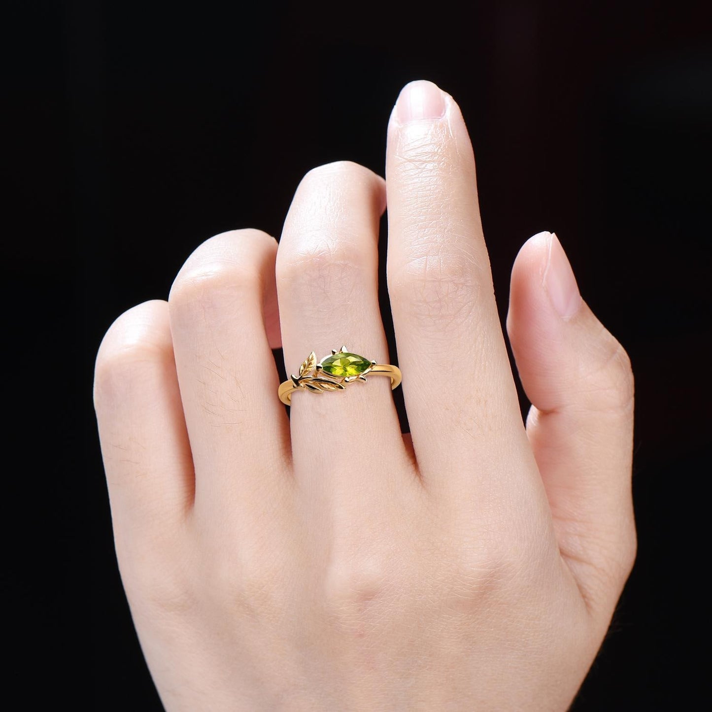 Marquise Cut Natural Green Peridot Leaf Ring 10K Solid Gold Wedding Ring August Birthstone Personalized Anniversary/Birthday Gift for Women