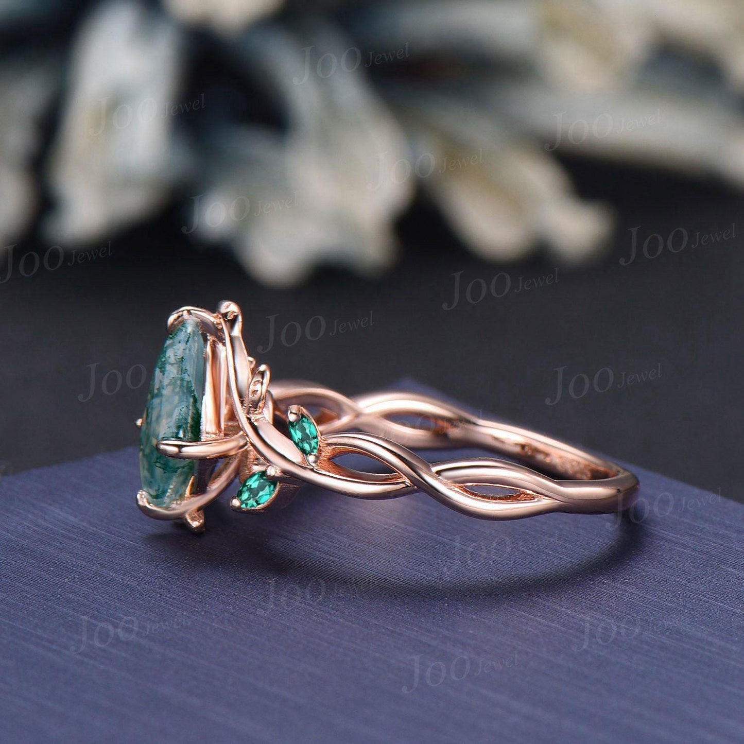 1ct Kite Natural Moss Agate Ring | Infinity Leaf Emerald Ring | Twisted Vine Moss Agate Engagement Ring for Women | Nature Wedding Jewelry