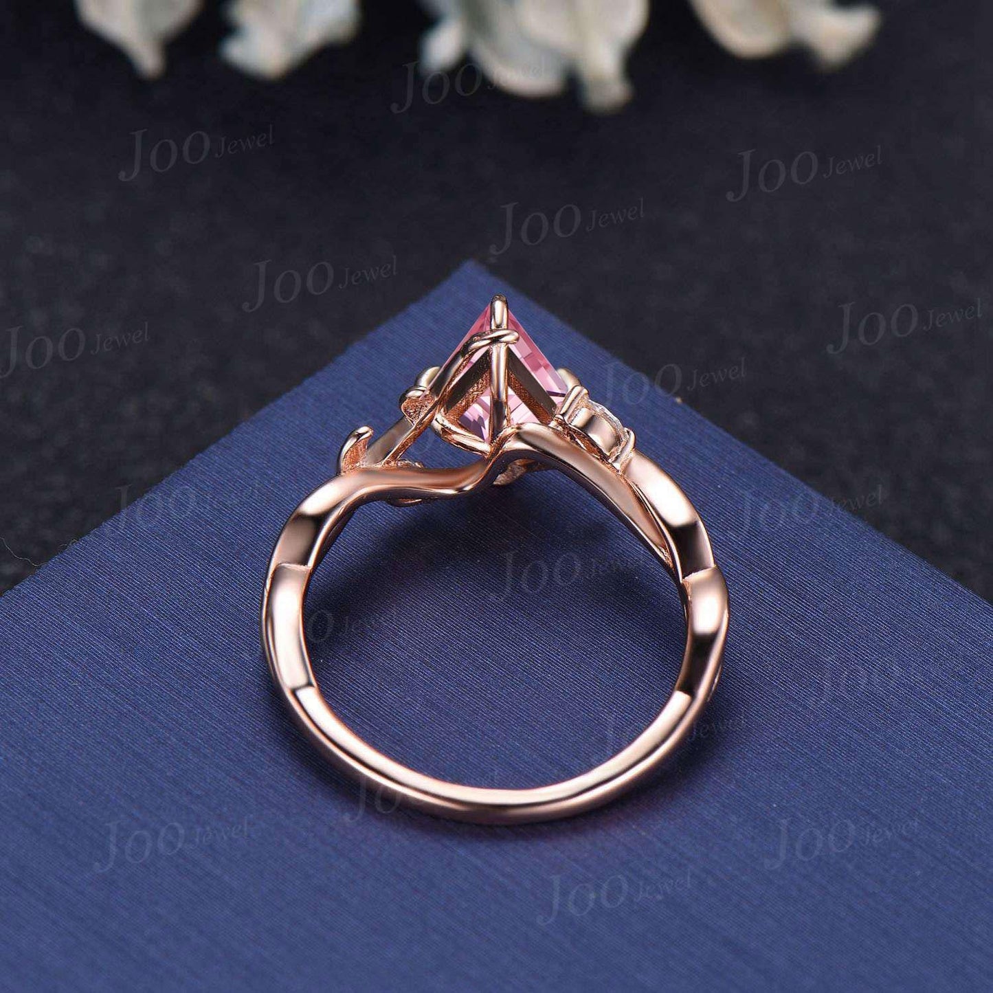 1ct Kite Cut Padparadscha Pink Sapphire Infinity Engagement Ring Leaf Vine Pink Tourmaline Wedding Bridal Ring Nature Themed Wedding Jewelry