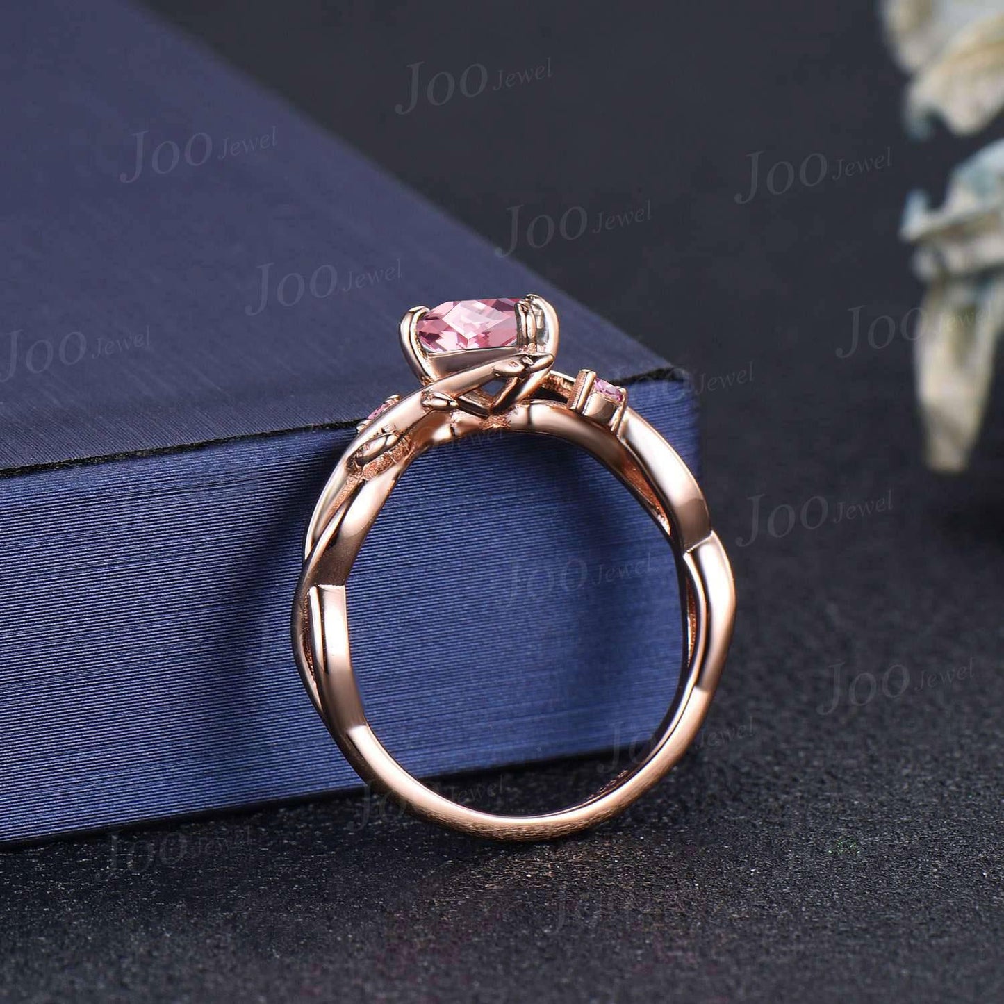 1ct Kite Cut Padparadscha Pink Sapphire Infinity Engagement Ring Leaf Vine Pink Tourmaline Wedding Bridal Ring Nature Themed Wedding Jewelry