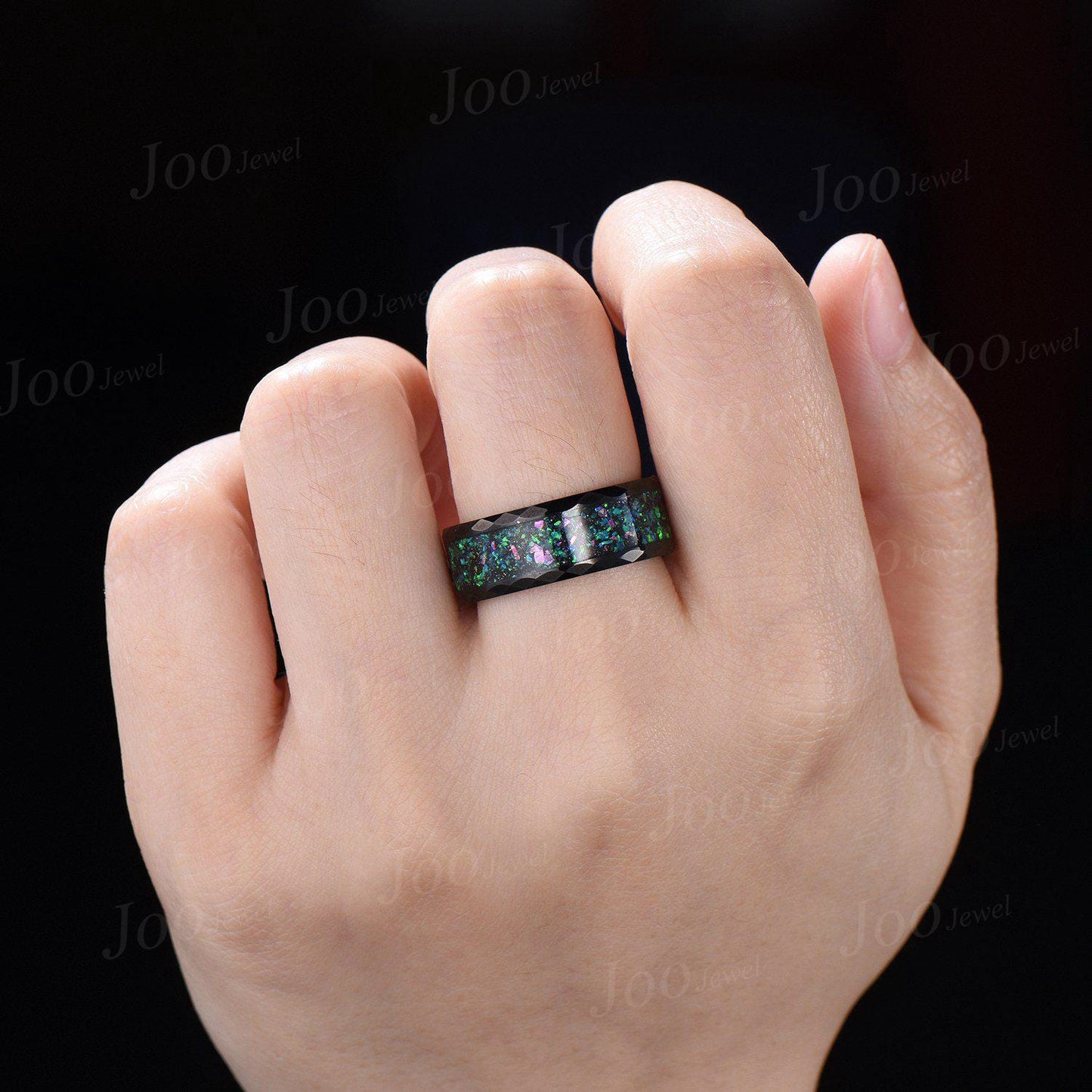 8mm Mens Black Tungsten No-Fading Promise Ring Hammered Design Black Wedding Band Black Opal Inlay Engagement Ring Comfort-Fit Band for Men